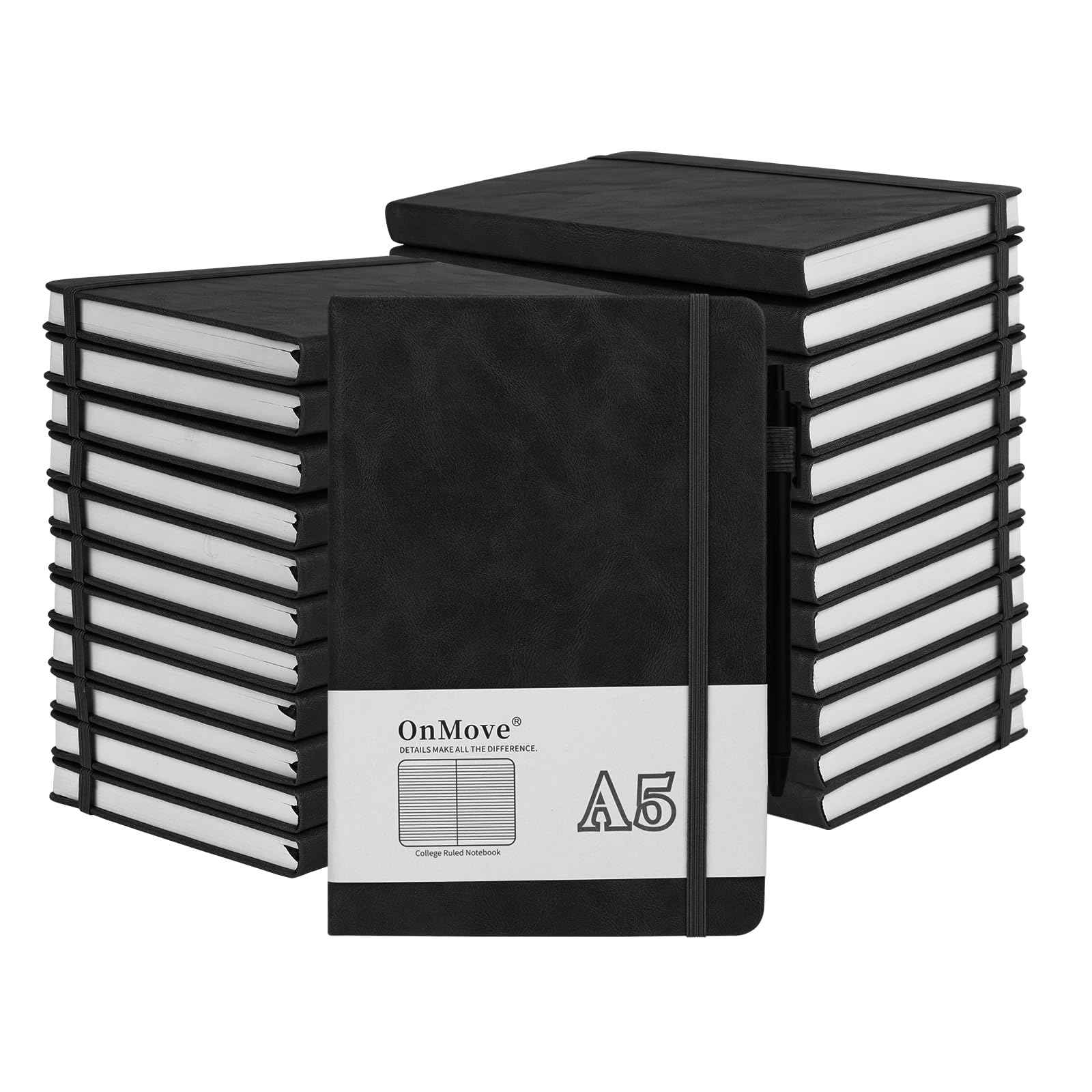 OnMove Notizbücher für Damen und Herren, 24 Stück, Leder, Hardcover mit Stifthalter, A5, 160 Seiten, 100 g/m² dickes Papier, für Arbeit, Schule, liniert, Schwarz