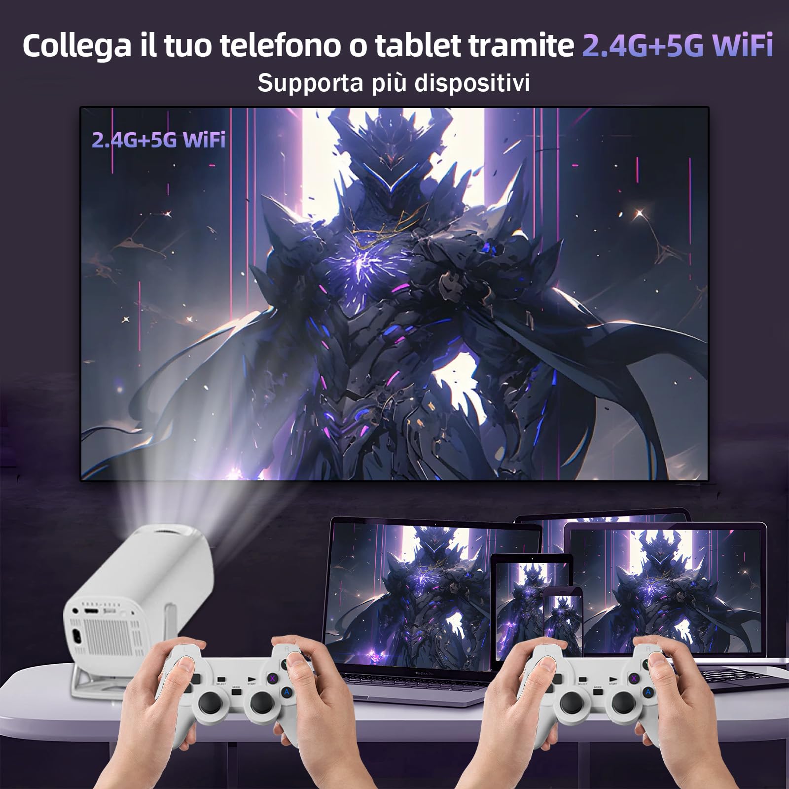 S40 Max Proiettore intelligente,36000+ giochi,14 emulatori,WiFi 2,4G+5G e Bluetooth Mini proiettore portatile,proiettori da gioco con 2 controller wireless,Android 11 per home cinema e uso all'aperto