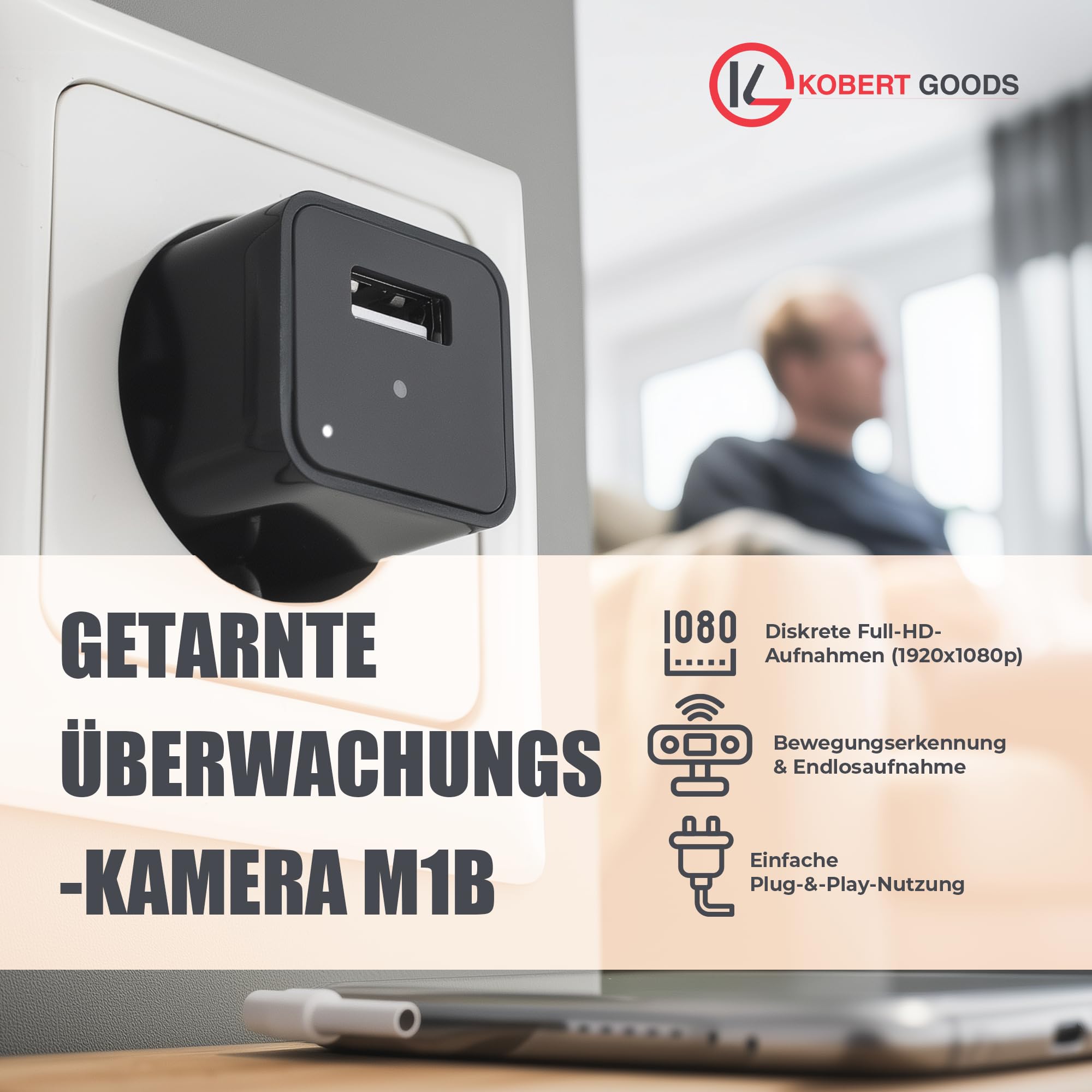 Mini‑Überwachungskamera im Ladegerät‑Design, Full HD 1080p Video, Bewegungserkennung, Sicherheitskamera für Innenräume