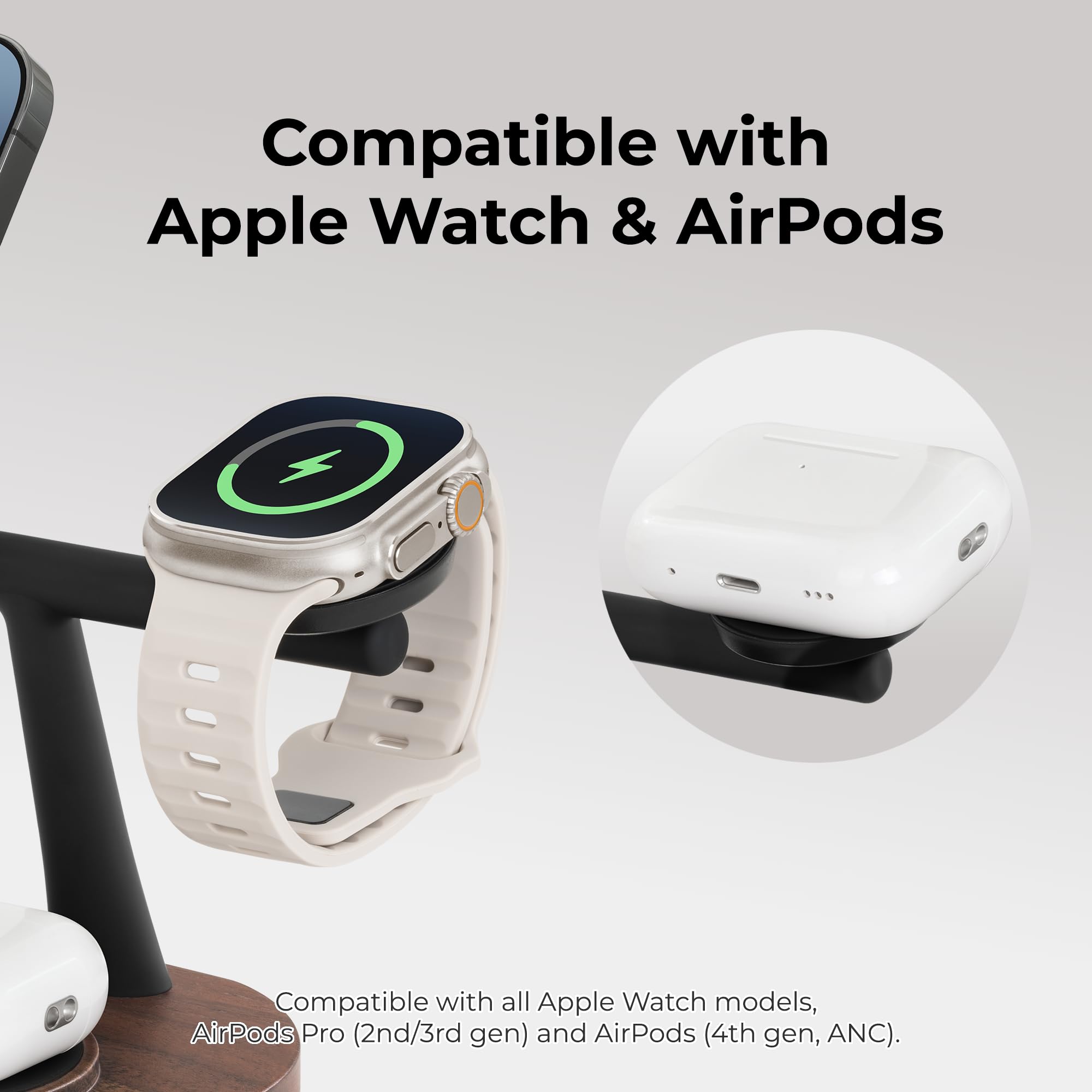 ZenStand Magnetyczna bezprzewodowa ładowarka, kompatybilna z iPhone i Apple Watch, kompatybilna z MagSafe, konstrukcja z drewna orzechowego, maks. 15 W, miękka w dotyku, bezprzewodowa stacja ładująca