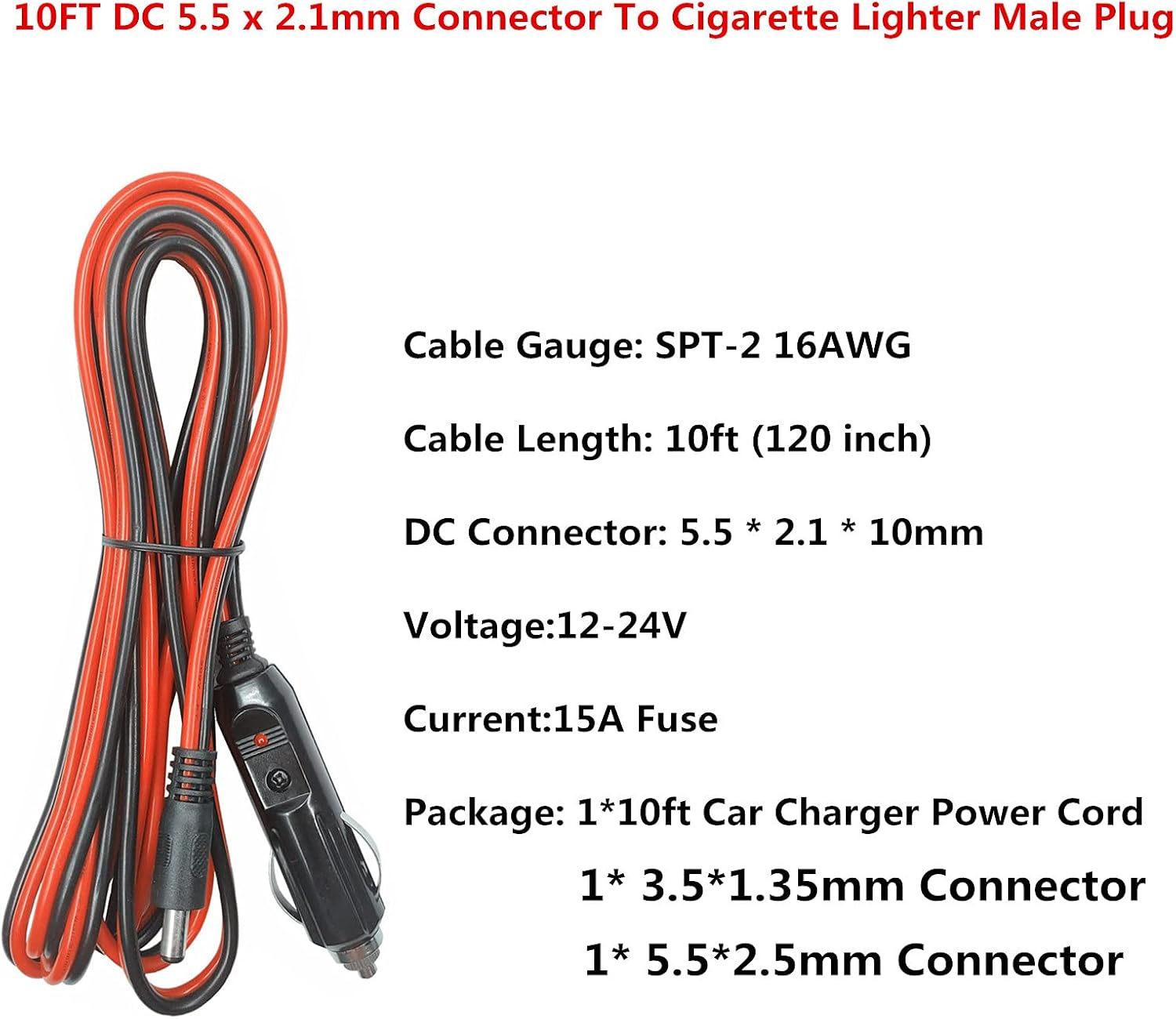 DC Car Charger Cable - 5.5mm x 2.1mm Connector to Cigarette Lighter Male Plug With Extra 2 Connectors 12-24V 15A Auto Power Supply Cord for Portable DVD Player, Car, Camera