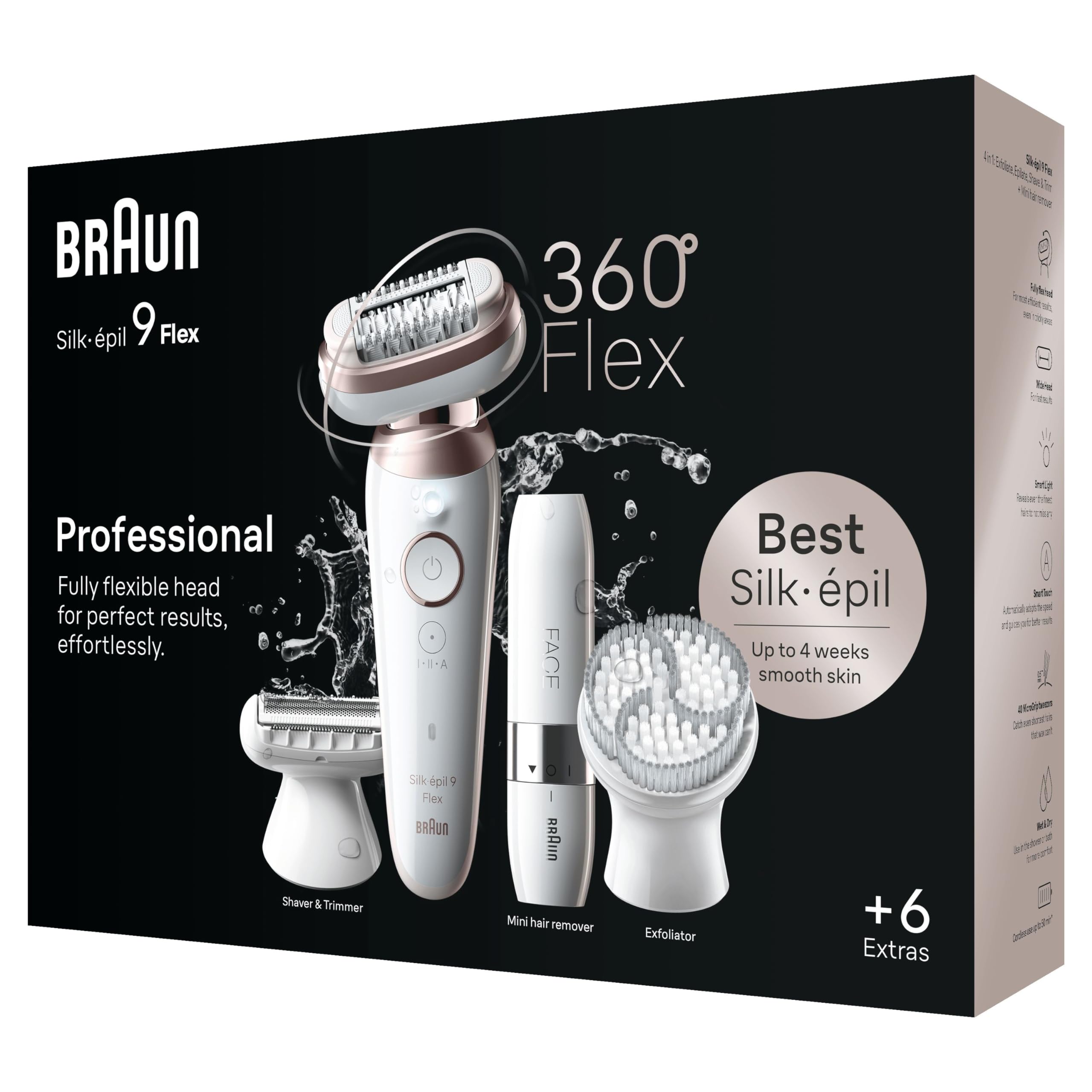Braun Silk-épil 9 Flex Epilatore Viso Donna, Epilatore Elettrico Donna Con Testina Flessibile a 360° Per Epilazione Semplice, Wet & Dry, Depilatore Donna Cappuccio Rifinitore