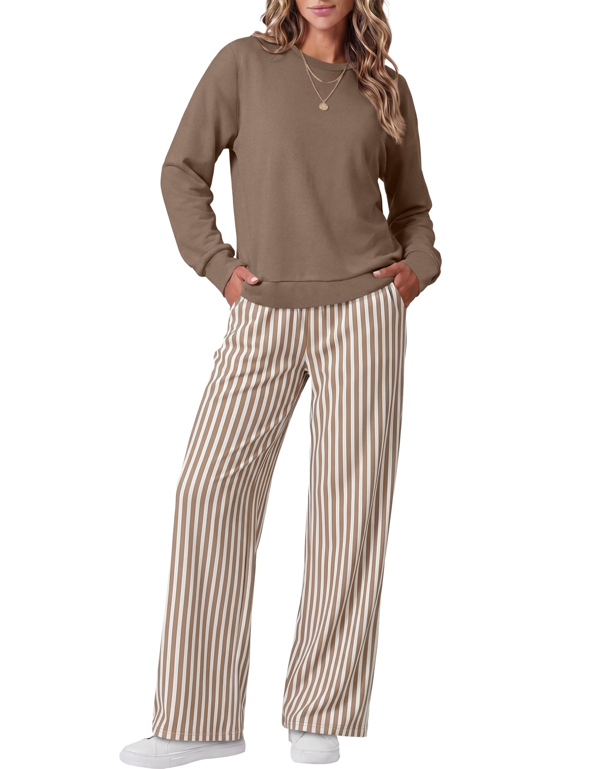 WIHOLL Two Piece Sets for Women Travel Vacation Outfits Fashion Tracksuit | Women Travel Sweatsuit Wide Leg Pants Long Sleeve 2Pcs Outfit Fashion Clothing