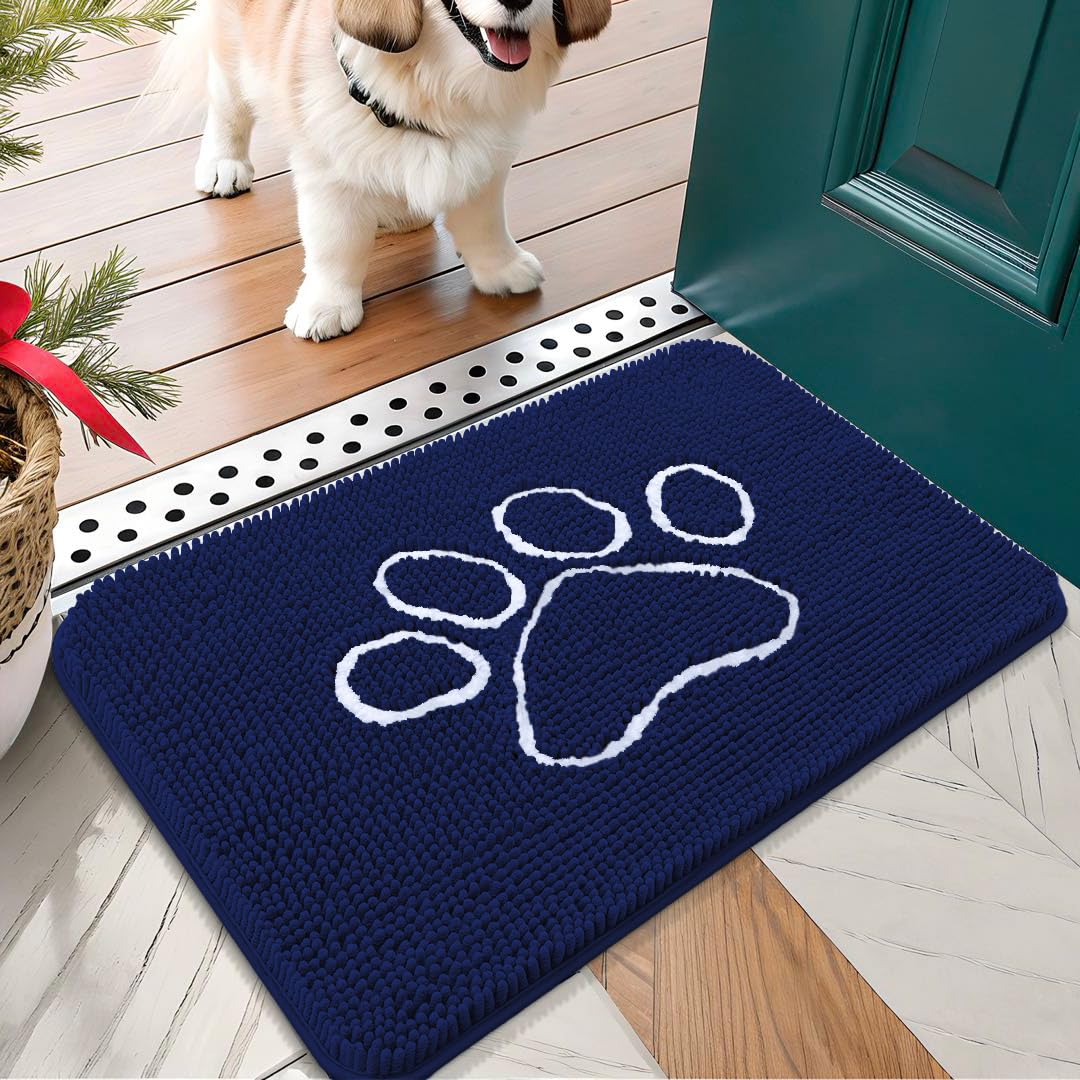 OLANLY Dog Door Mat for Muddy Paws 30x17, Paw Print Design Chenille Mud Mat