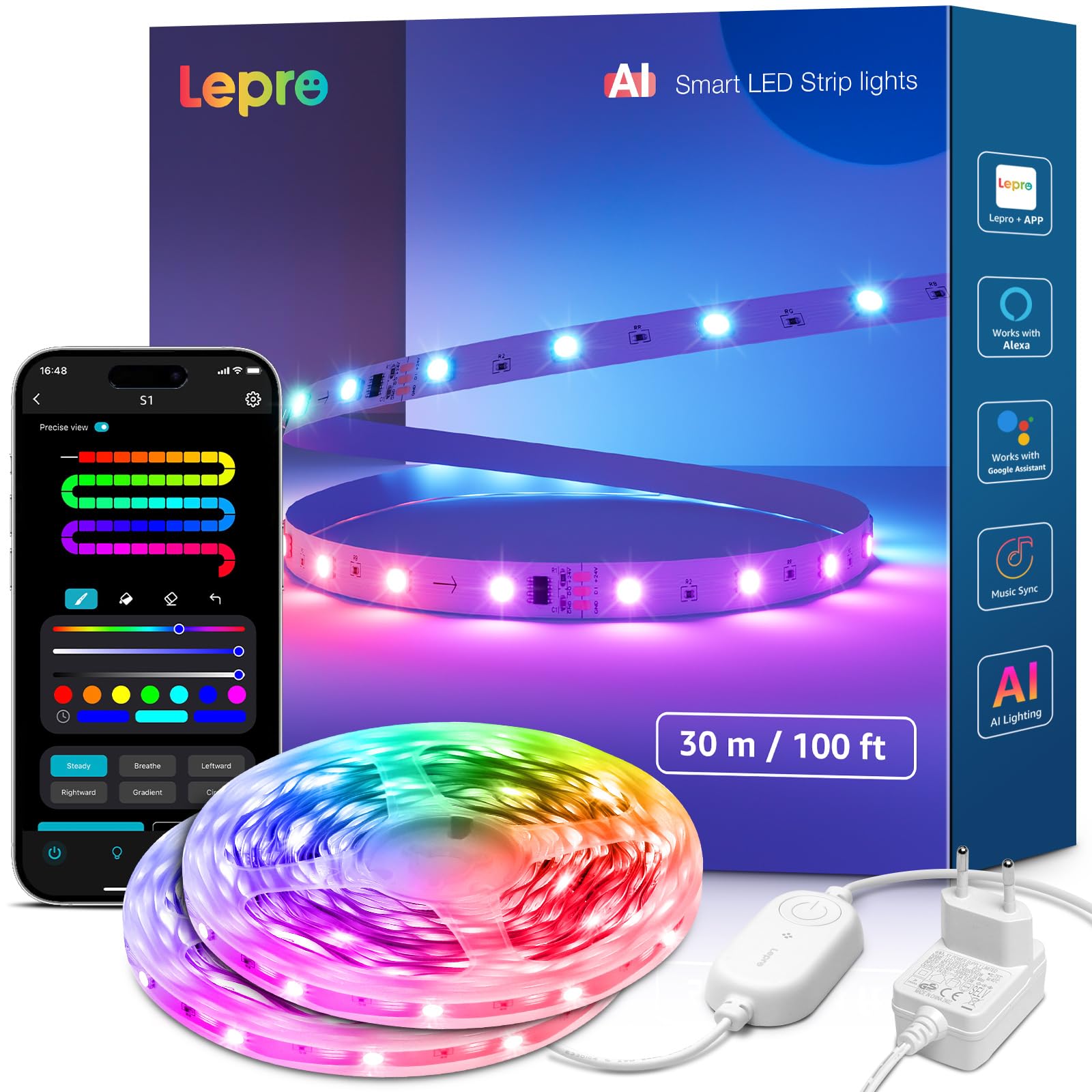 Lepro AI LED Streifen S1, MagicColor RGBIC 30M Smart LED Strip mit Personalisierter KI-Lichtdesigner, Musik-Sync, App-Steuerung kompatibel mit Alexa&Google Assistant, LED Lichterkette für Party&Gaming