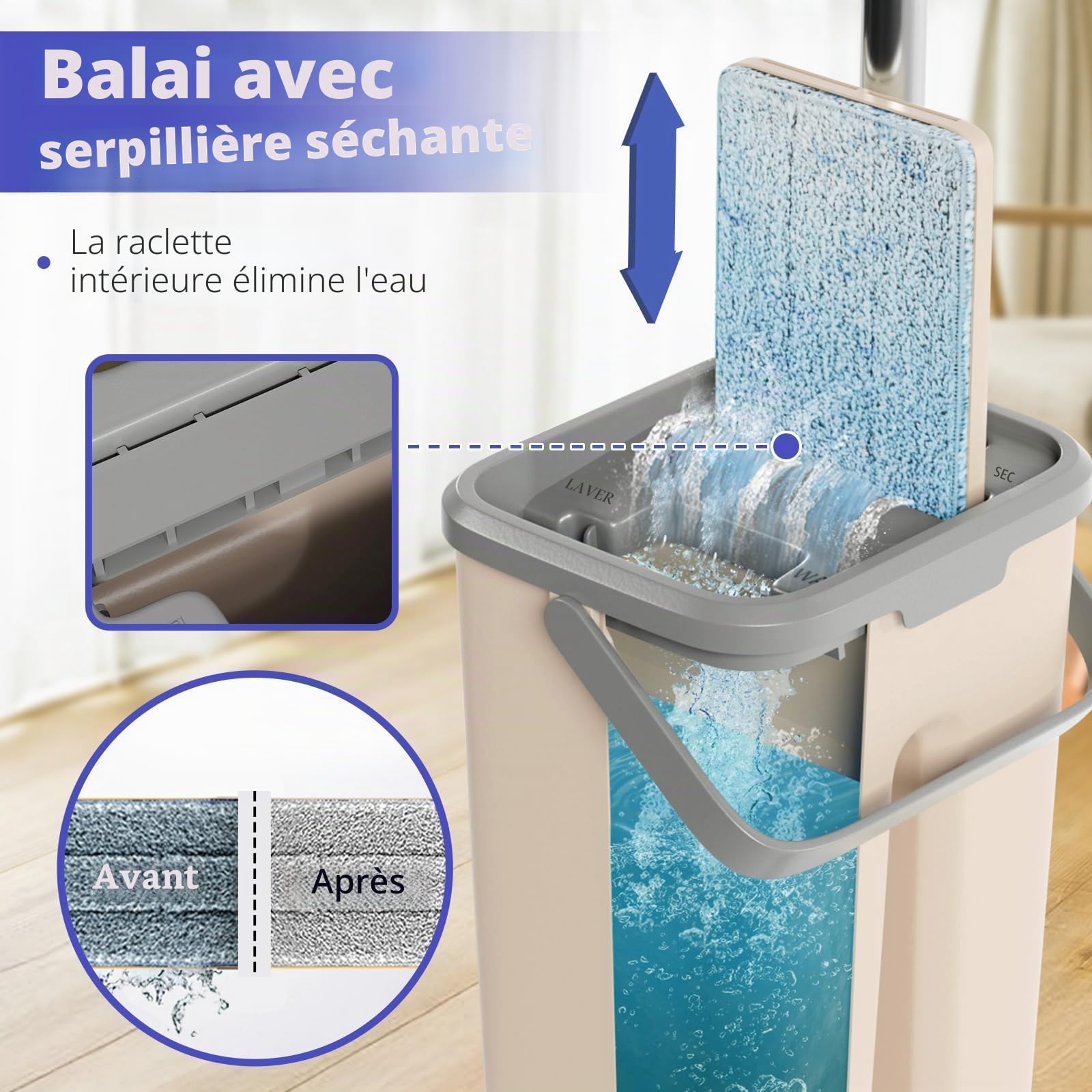 Balai serpillère avec seau plat rotatif à 360 ° avec 3 serpillères réutilisables 2 en 1, seau à serpentin mains libres pour nettoyer tous types de sols