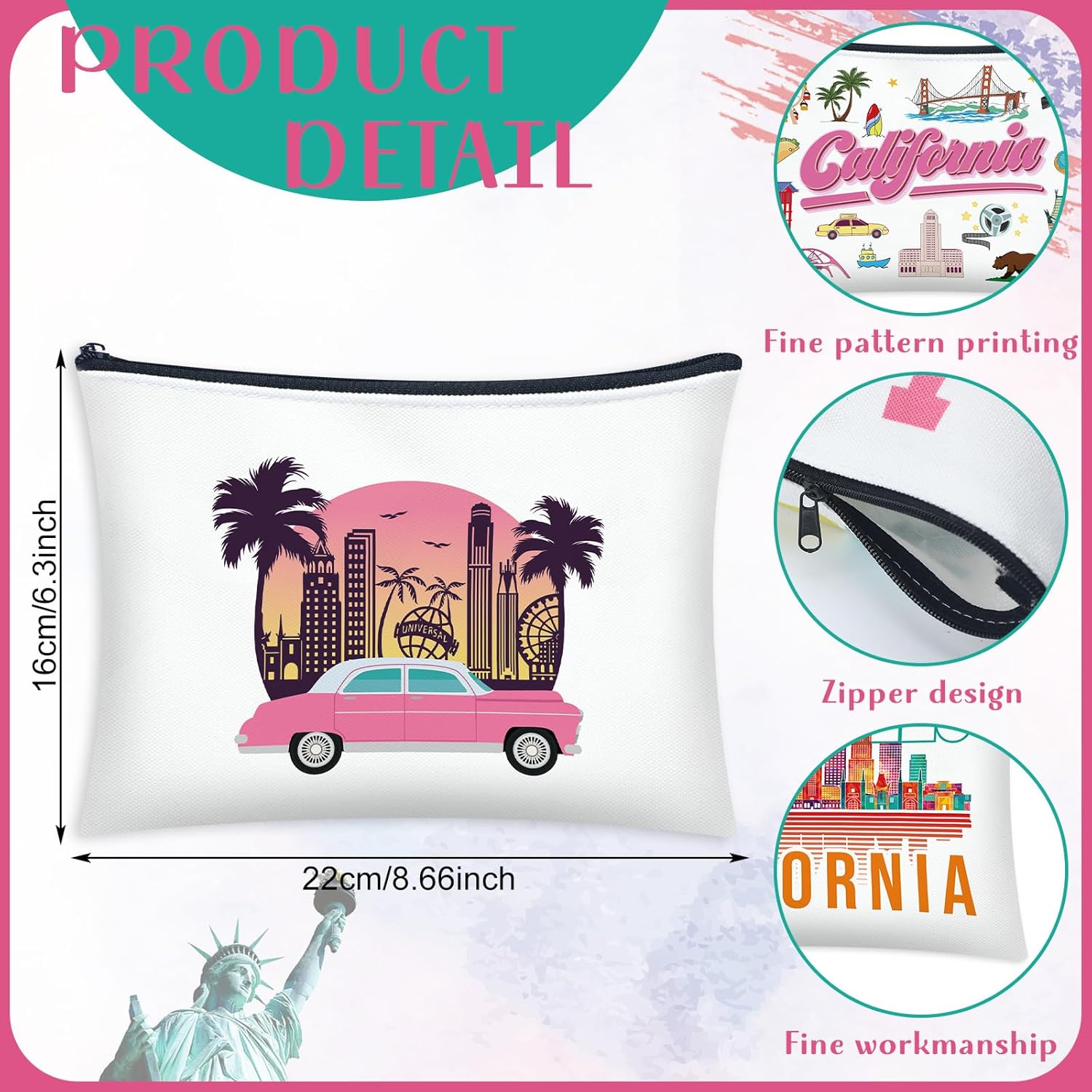 16 Pcs Los Angels Cosmetic Bag Souvenir Gifts Makeup Bag Travel Vacation Zipper Pouch Purse for Women Birthday Trip Gifts Party Favors