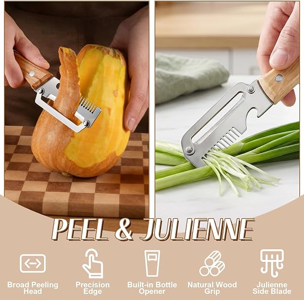 3-in-1 Multifunctional Vegetable Peeler, Upgrade Zero Snag Wooden Kitchen Tool, Stainless Steel Peeler with Wooden Handle for Shredding, Opening Bottles, Vegetables, and Fruits (2 pcs) - 2