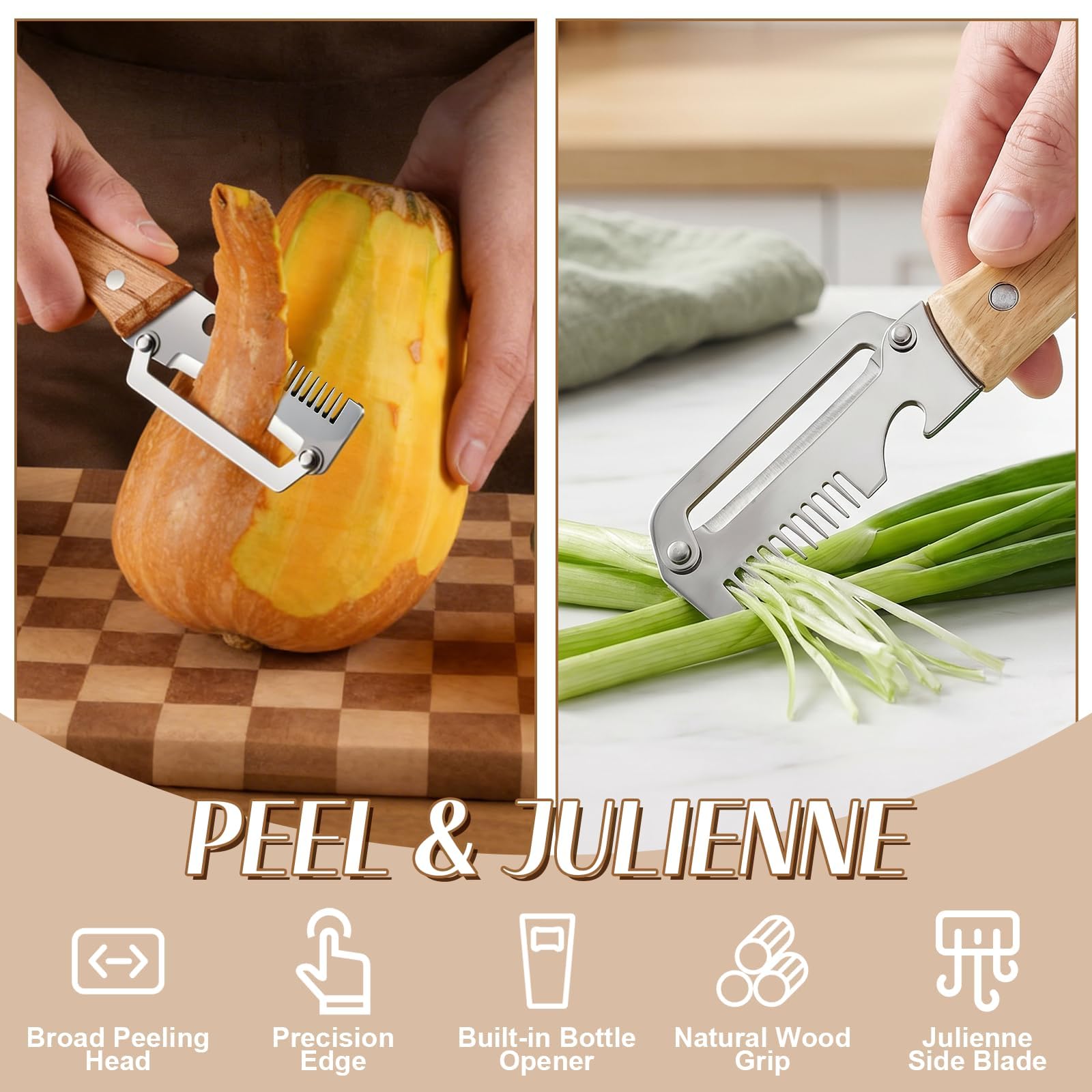 3-in-1 Multifunctional Vegetable Peeler, Upgrade Zero Snag Wooden Kitchen Tool, Stainless Steel Peeler with Wooden Handle for Shredding, Opening Bottles, Vegetables, and Fruits (2 pcs) — view 2