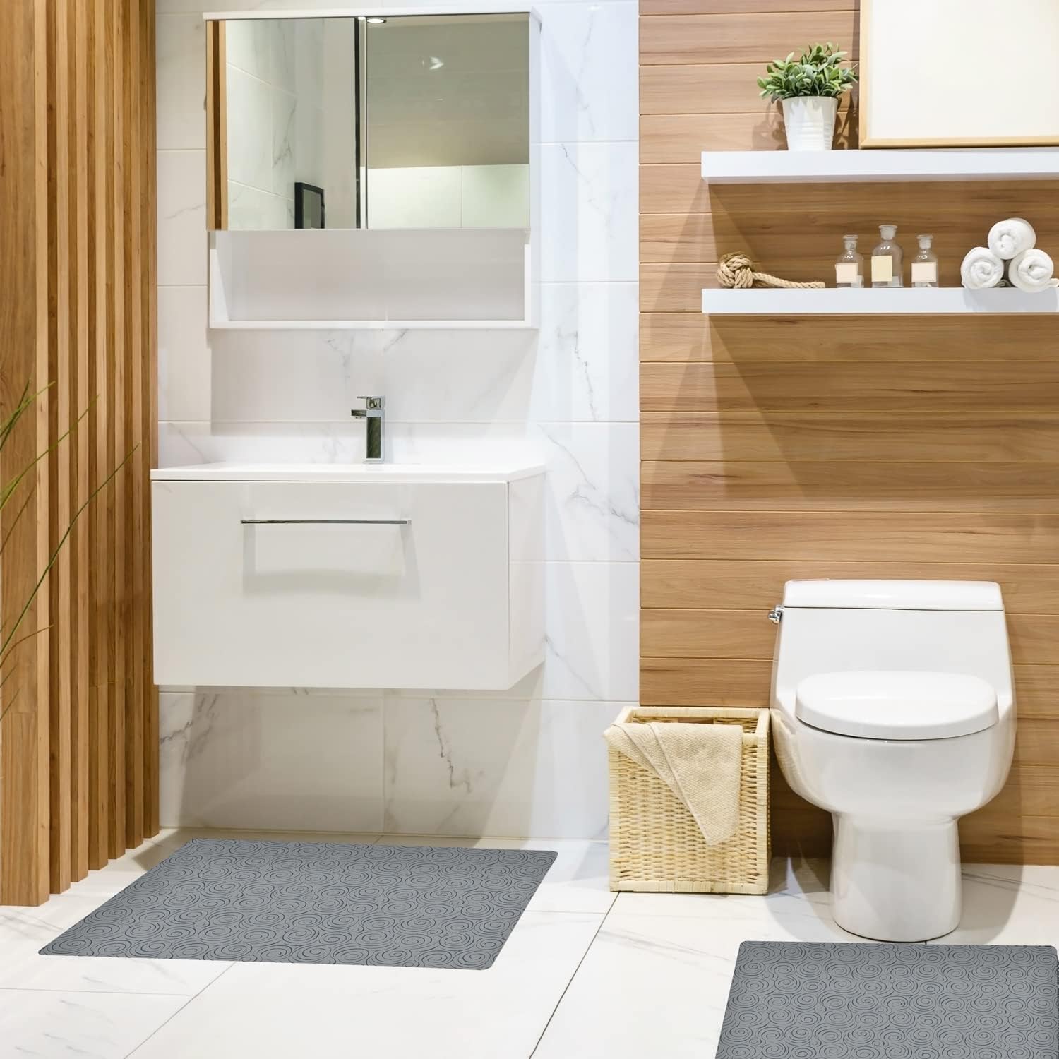 Shape28 Bathroom Set of 3 Mats Bathtub Shower 28x20 Inches Vanity 24x18 Inches Toilet 20x16 Inches Microfiber None Slip in Gray Color Design 4T