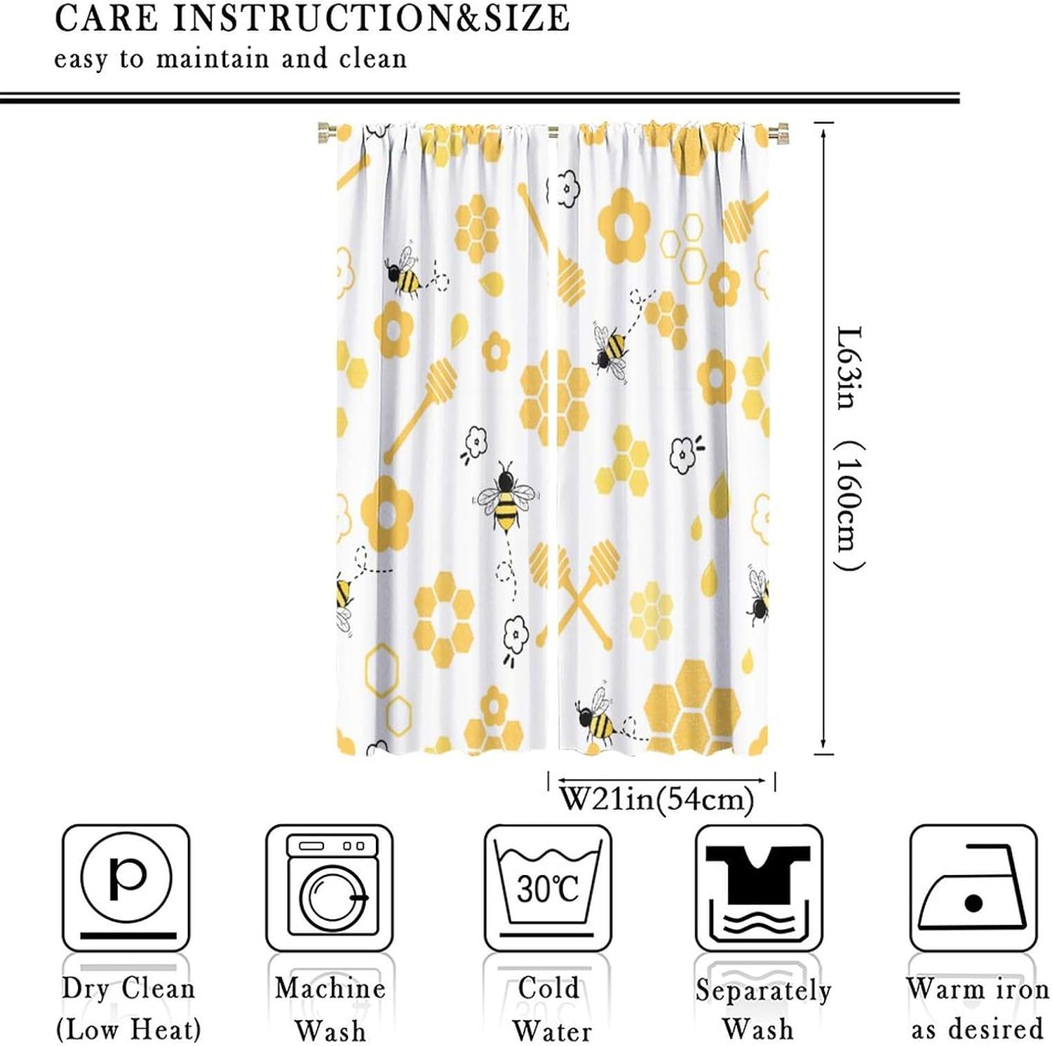 Bee Curtain Cartoon Cute Bees Yellow Honeycomb Flower Pattern Blackout Print Rod Pocket Window Drapes for Bedroom Living Room 42x63in