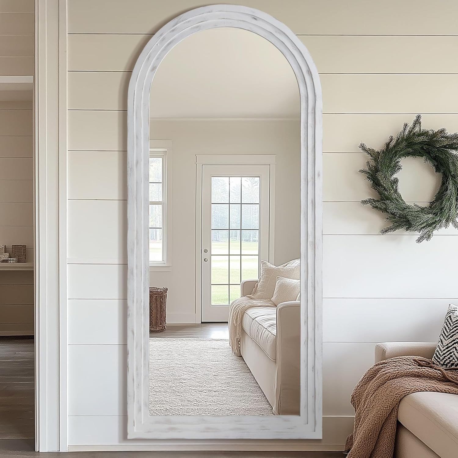 Rustic Full Length Mirror with Stand, 71"X32" Large Arched Farmhouse Wood Floor Mirror, Leaning or Wall Mounted Free Standing, Tempered Glass Full Body Mirror for Bedroom Living Room Store, White - Image 2