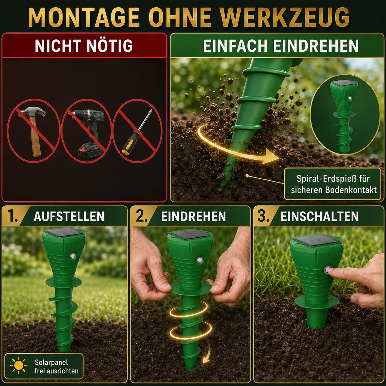 MEKEET Maulwurf Vertreiber Solar 4er Set, Maulwurfschreck mit Ultraschall & Vibration, IP65 Wühlmausschreck Solar zum Wühlmaus Vertreiben für Garten, Rasen und Beete