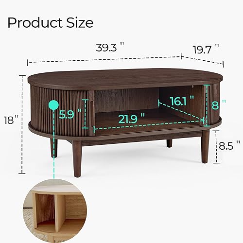 Miniatura 12 de LINSY HOME Mesa auxiliar redonda, mesa de centro de tambor de 31.5 pulgadas con puerta corrediza de tambor, mesa central acanalada con Roble,Oval
