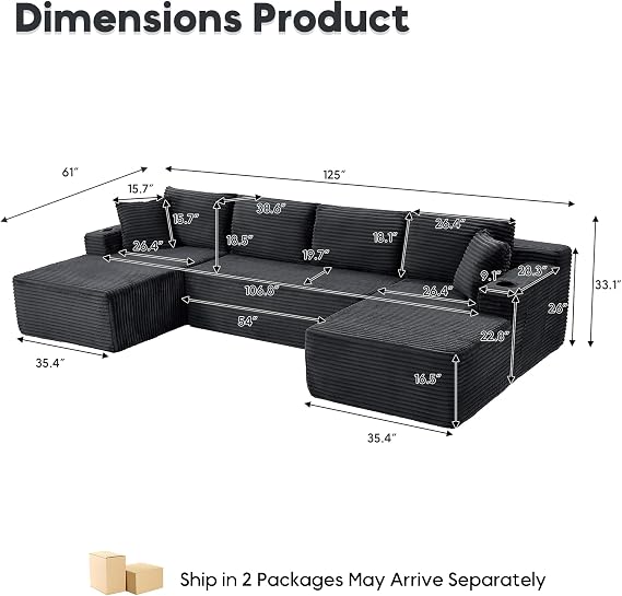125 Boneless Cloud Sectional Sofa with Chaise, Modern U-Shaped Modular Couch, Oversized Deep Seat Corduroy Sofa with Storage & Cupholders, No Assembly Required Foam Floor Sofa-Dark Grey