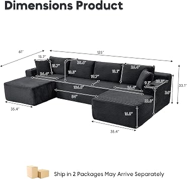 125 Boneless Cloud Sectional Sofa with Chaise, Modern U-Shaped Modular Couch, Oversized Deep Seat Corduroy Sofa with Storage & Cupholders, No Assembly Required Foam Floor Sofa-Dark Grey