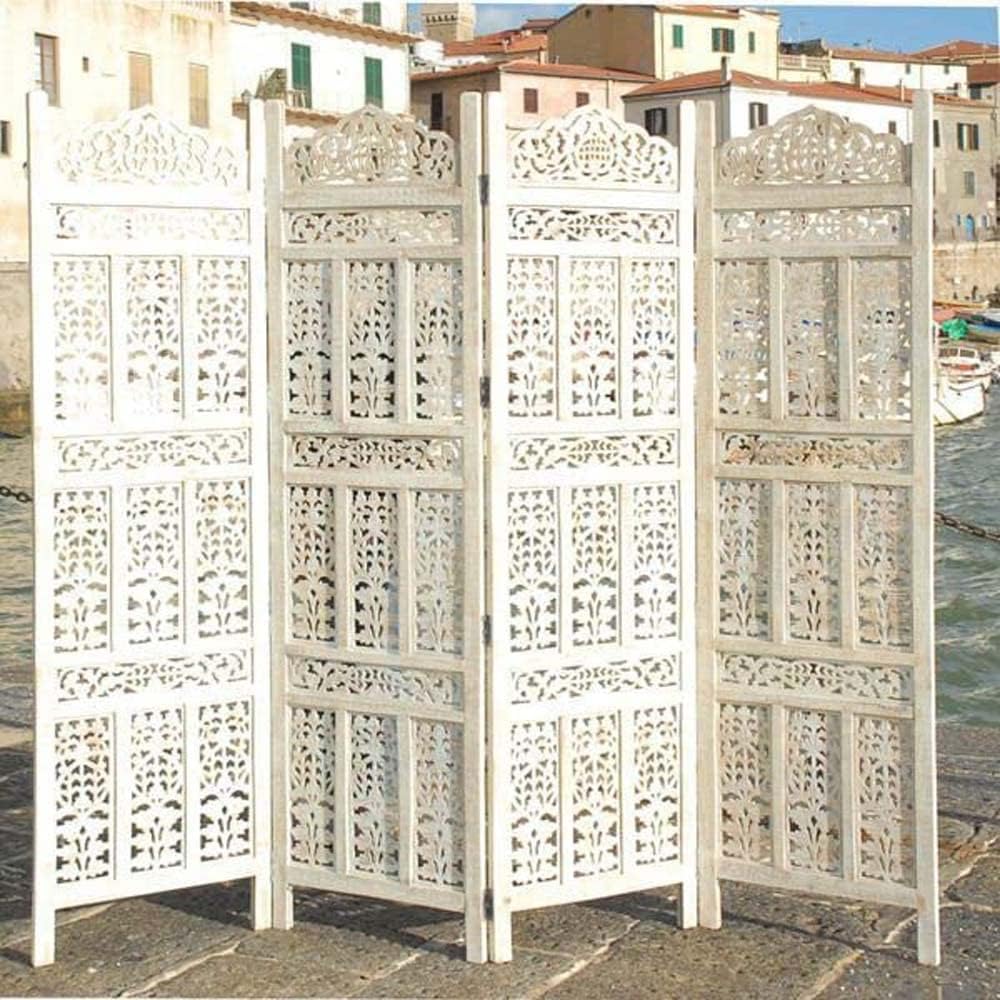 Foldable Wooden Room Divider Partition – Stylish Privacy Screen for Home, Office, Studio, Salon - Kangra Badrun, White (4 Panel)