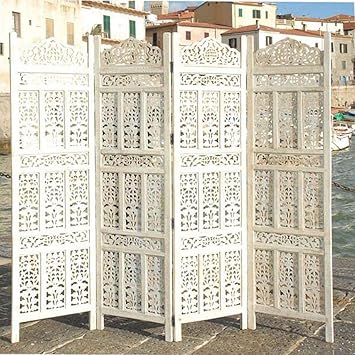 Home & Goods International Wooden Room Partition - Foldable Wood Screen Separator for Living Room, Bedroom, Office, Restaurant || White - 4 Panel