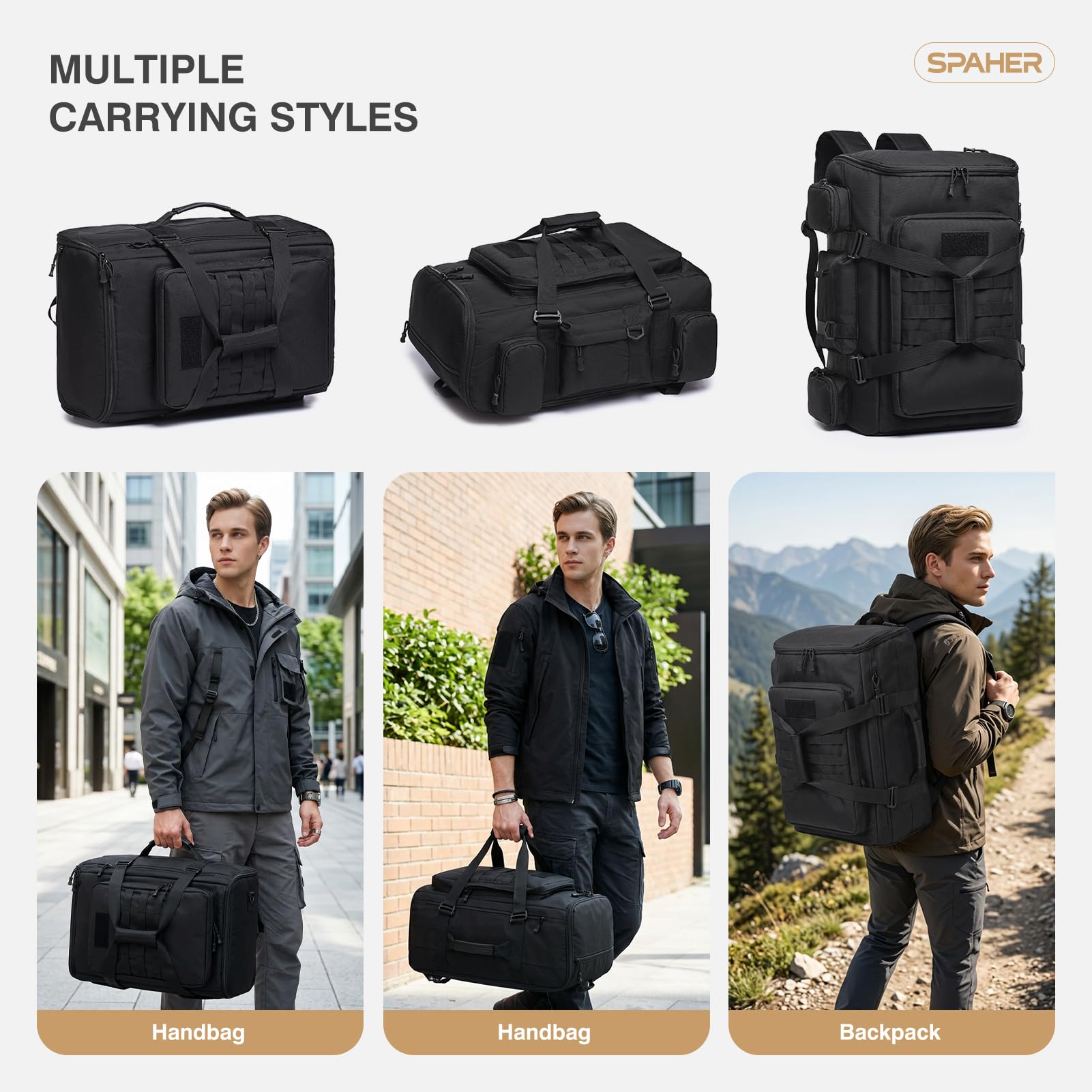 SPAHER 50L Sac à Dos Voyage Randonnée Tactique 55x35x25 Bagage Cabine Air France KLM Sac à Dos Cabine Avion Imperméable Grande Bagage à Main Femme Homme pour Trekking Sport Camping, Nior