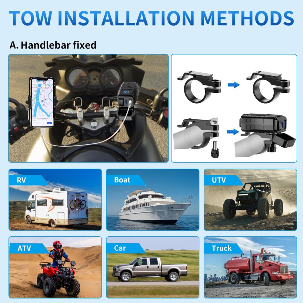 Shkalacar Motorcycle USB Charger, PD & Quick Charge 3.0 Motorcycle Phone Charger, SAE to USB Adapter with On/Off Switch, Real Time Voltage Display for Phone, Tablet, GPS Navigation