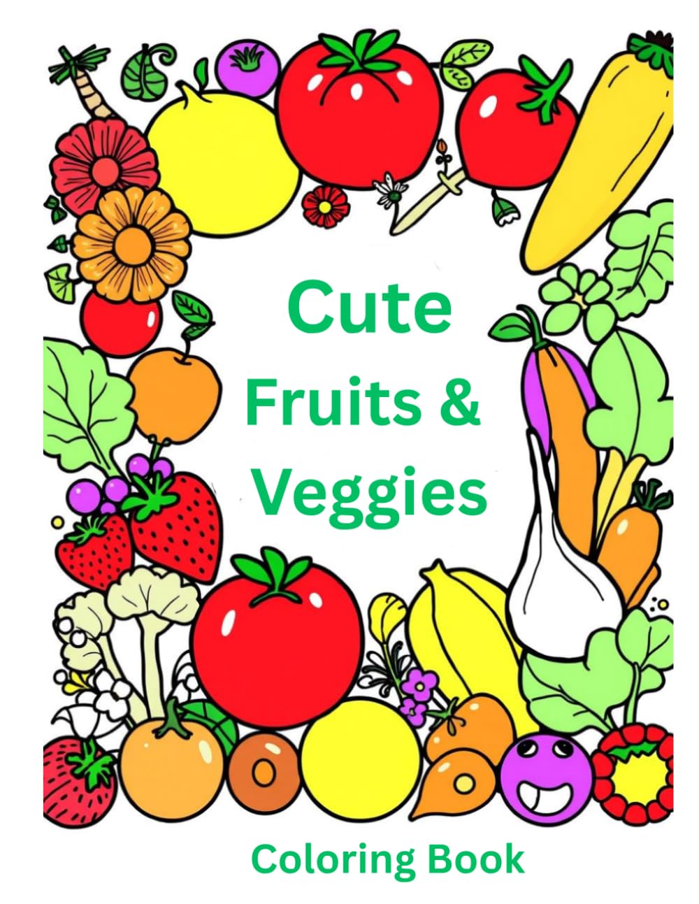 Cute Fruits & Veggies Coloring Book: Fun and Healthy Food Coloring Pages with Smiling Fruits and Vegetables for Toddlers and Preschoolers