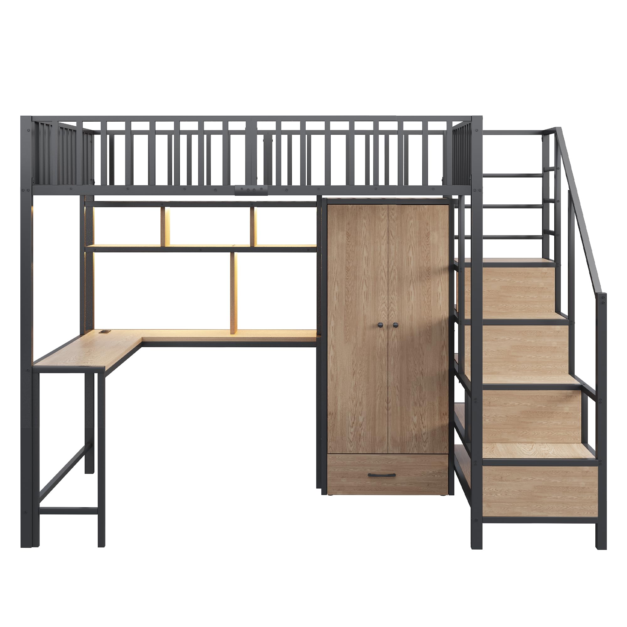 Letto a soppalco da 140 x 200 cm, con scrivania, scaffale, armadio e cassetti, con scala portaoggetti e ringhiera di sicurezza, nero, senza materasso (nero)