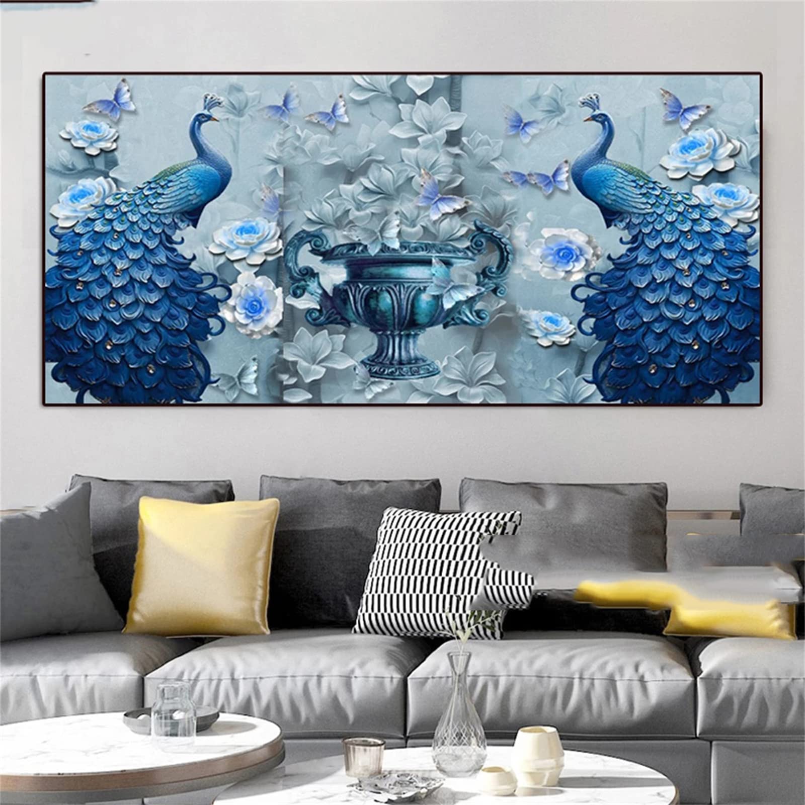Diamentowy obraz niebieski paw 5D diament sztuka dla dorosłych DIY haft krzyżykowy zestaw do haftu pełnych akcesoriów kryształowe materiały artystyczne, diamentowe obrazy do dekoracji ścian domu, prezenty dla kobiet dzieci 60 x 180 cm-196
