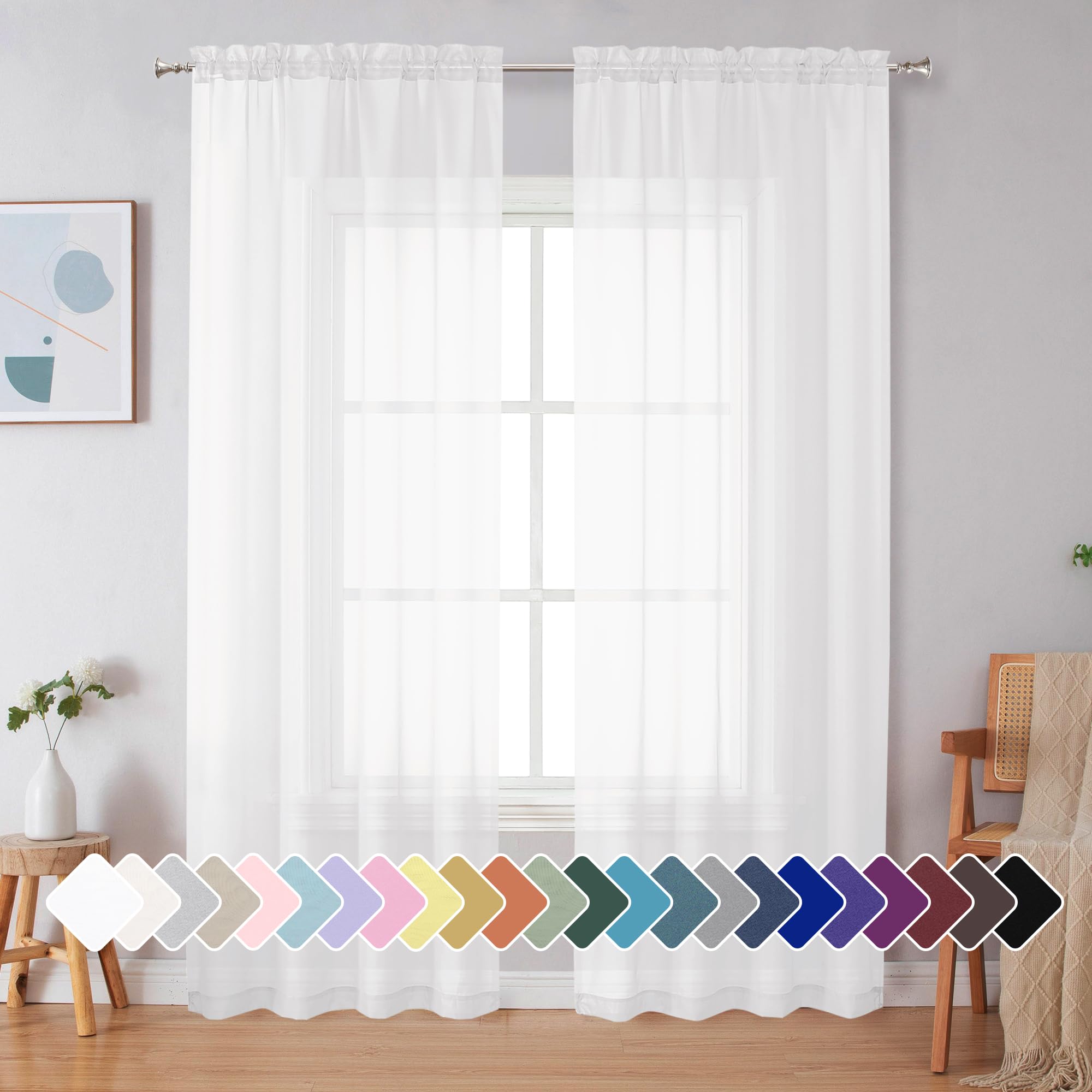 Simplebrand White Sheer Curtains 90 Inches Long 2 Panels for Living Room