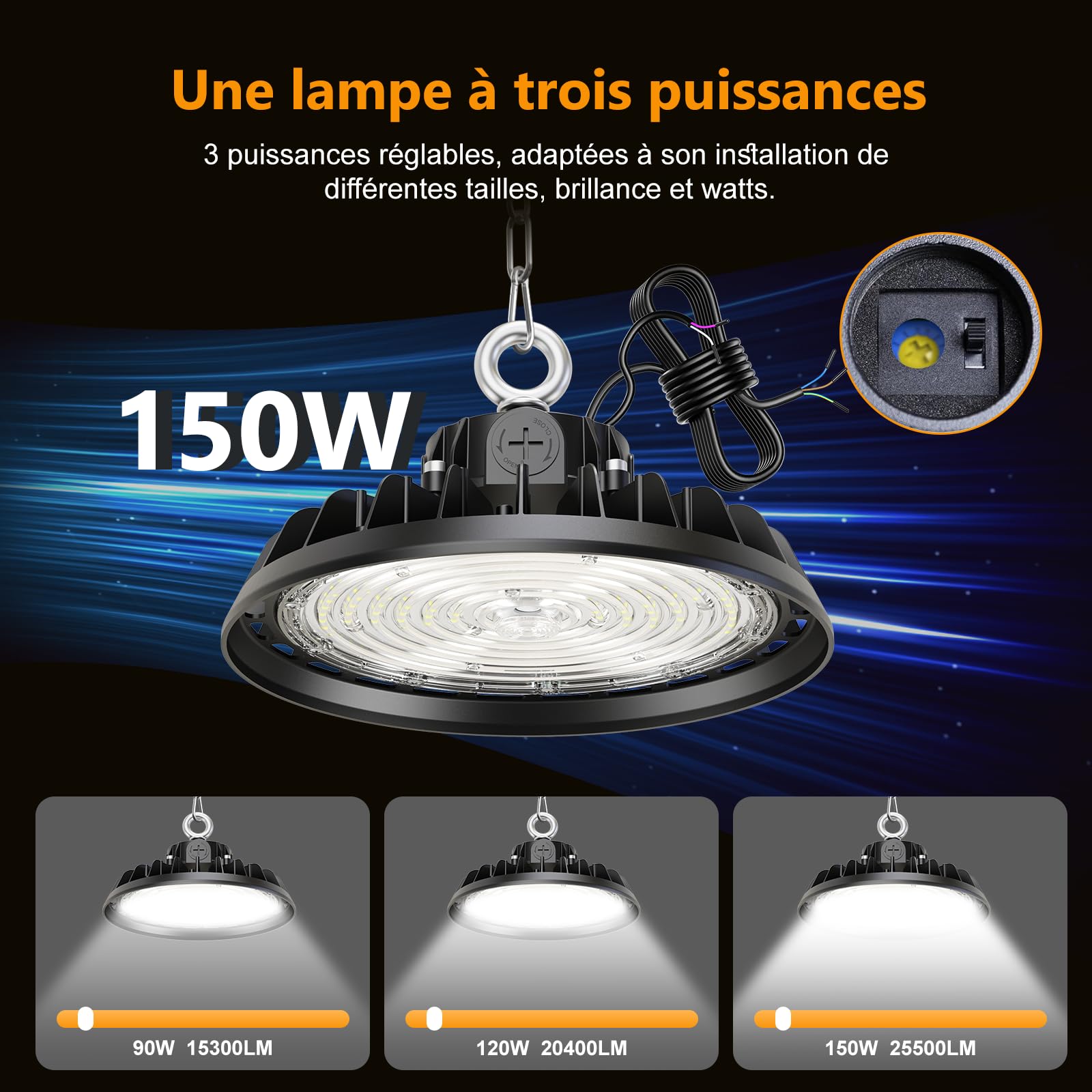 UFO 150W Projecteur LED Garage Atelier 22500LM Éclairage pour Atelier 4000K 120°Éclairage IP65 Lampe Industrielle Dimmable 90W/120W/150W Usines Entrepôts de Construction Garages Stades