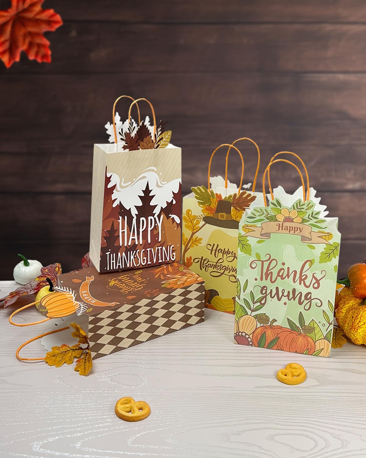qiqee Thanksgiving Paper Gift Bags with Handles Bulk Small Pumpkin Treat Bags Fall Autumn Kraft Paper for Holiday Wedding Birthday Party Supplies (48PCS 6.1"×9.8"×3.1")