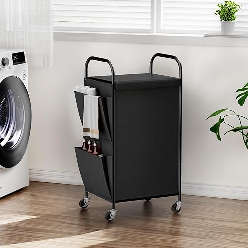 Miniatura 1 de Memobarco Cesta de lavandería con ruedas y tapa, cesta de ropa sucia de 100 litros con bolsillo lateral, carrito de lavandería con marco de acero