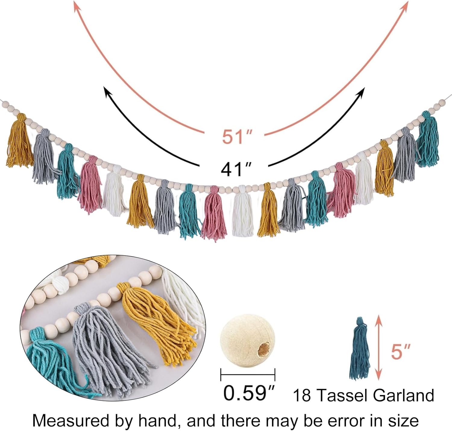 Janinka Boho Macrame Tassel Garland Classroom Decor Wooden Bead Garlands 9.8ft Wood Beads Banner With Tassels Boho Wall Hanging Banner Farmhouse Homerustic Country Holiday Decoration(Classic Color - View #5