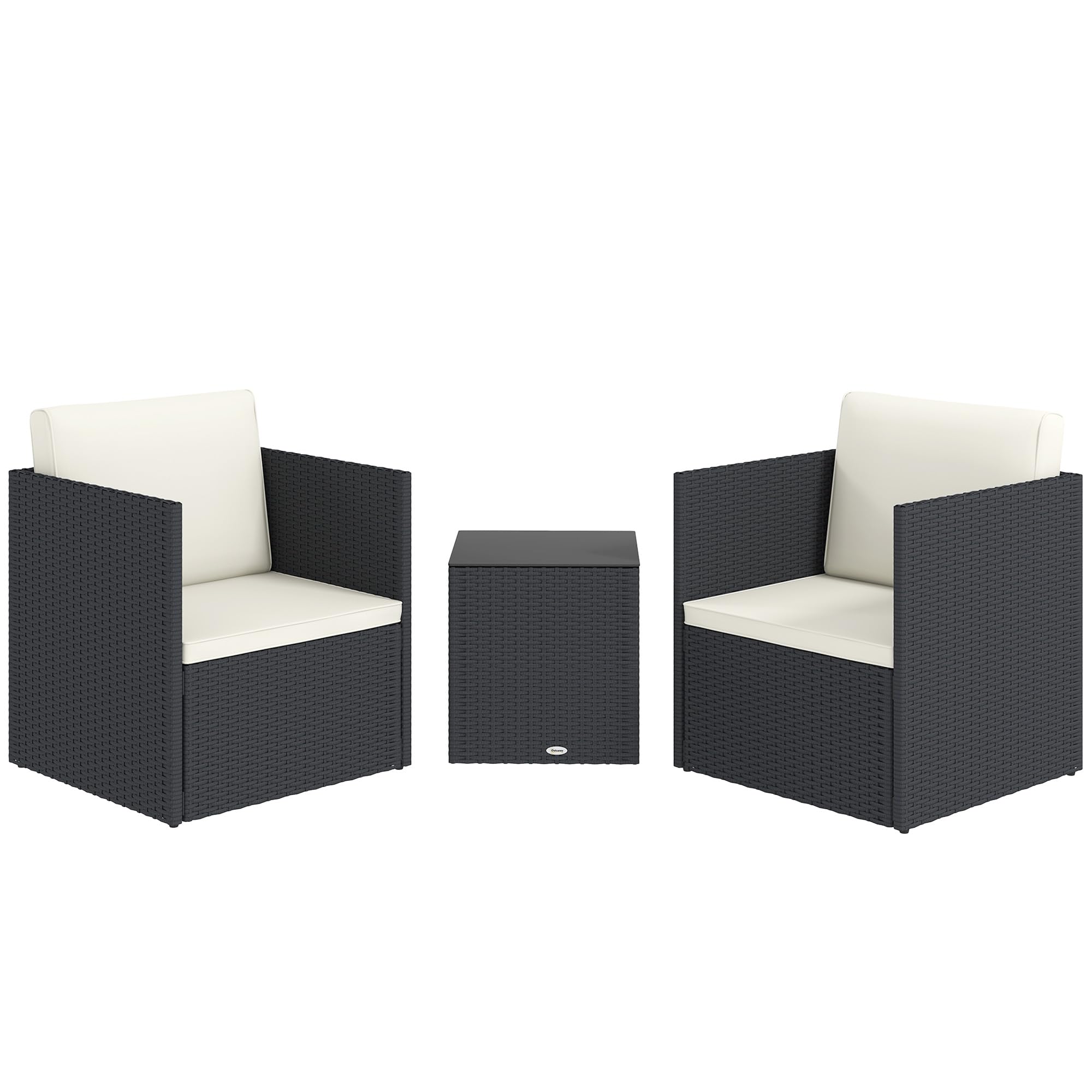 Juego de muebles de patio de 3 piezas, juego de bistró plegable de mimbre para exteriores con cojines lavables, patas ajustables y mesa de centro de cristal, fácil montaje para jardín, balcón