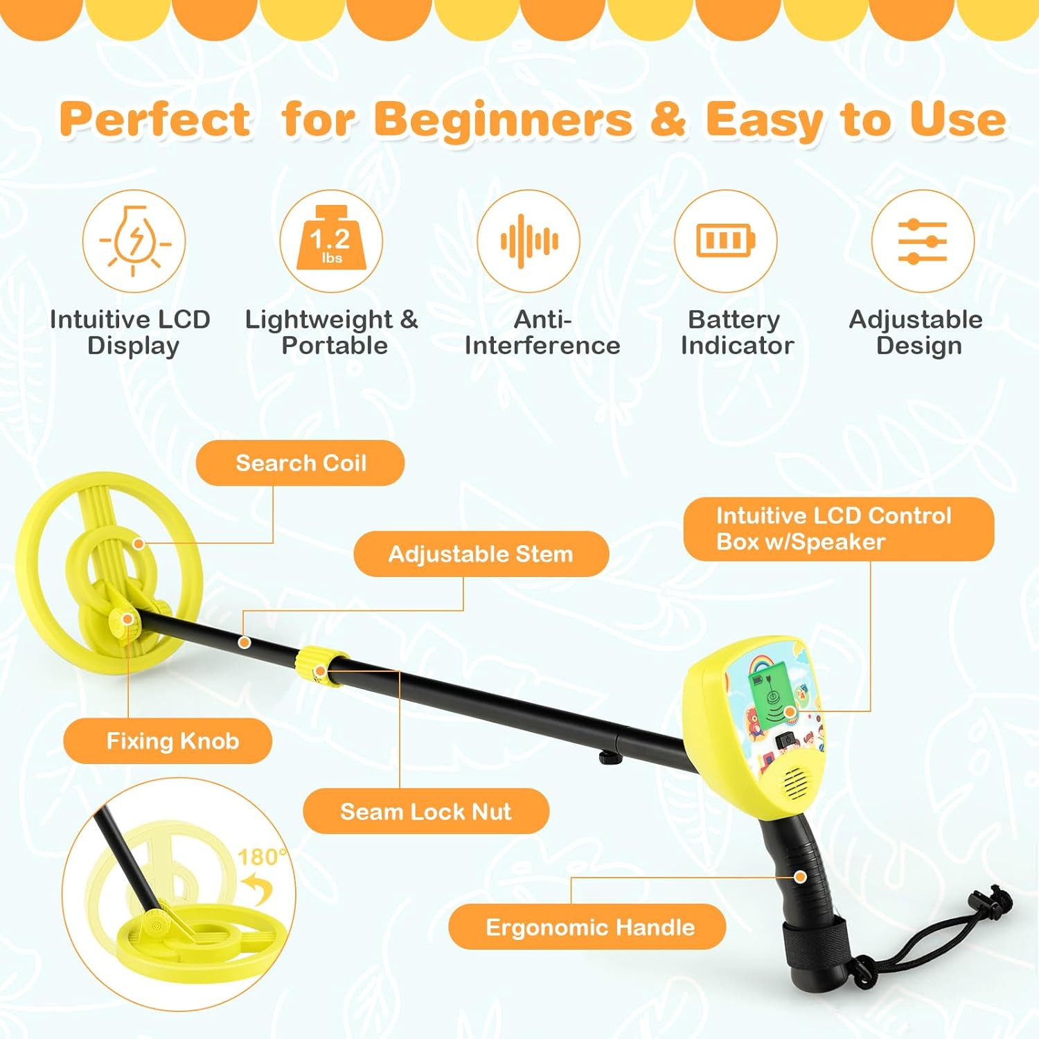 Costzon Metal Detector for Kids, 25"-33" Adjustable Stem Gold Detectors with LCD Display, 6.7" Waterproof Coil, Lightweight & Portable Outdoor Detector for Coin Gold Treasures Hunting (Yellow)
