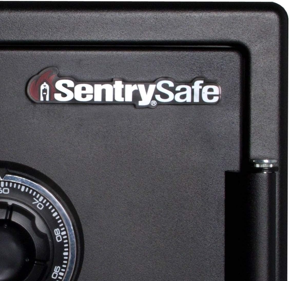 Close-up of SentrySafe logo and dial combination lock