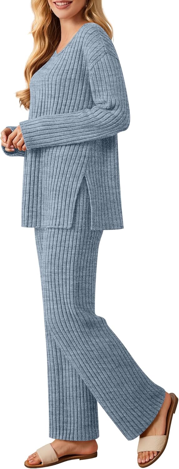 Women's 2 Pieces Ribbed Knit Lounge Sets, V Neck Long Sleeve Side Slit Tops Wide Leg Loose Pants Pajama Fall Sets