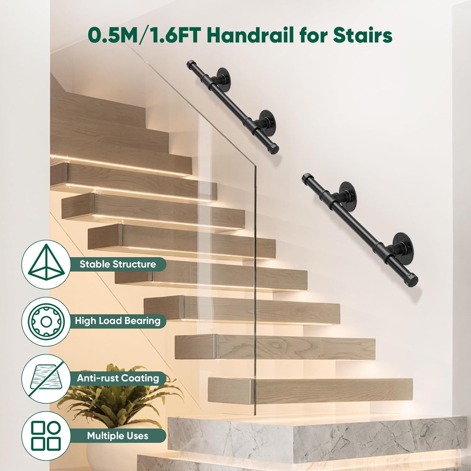 Pasamanos para Escalera, Sunowl 0,5M Barandilla para Escalera Interiores y Exteriores, Barandillas Metal Antideslizantes Seguridad, Barandillas de Galvanizada para Escaleras, Cocina, Baño, Jardín