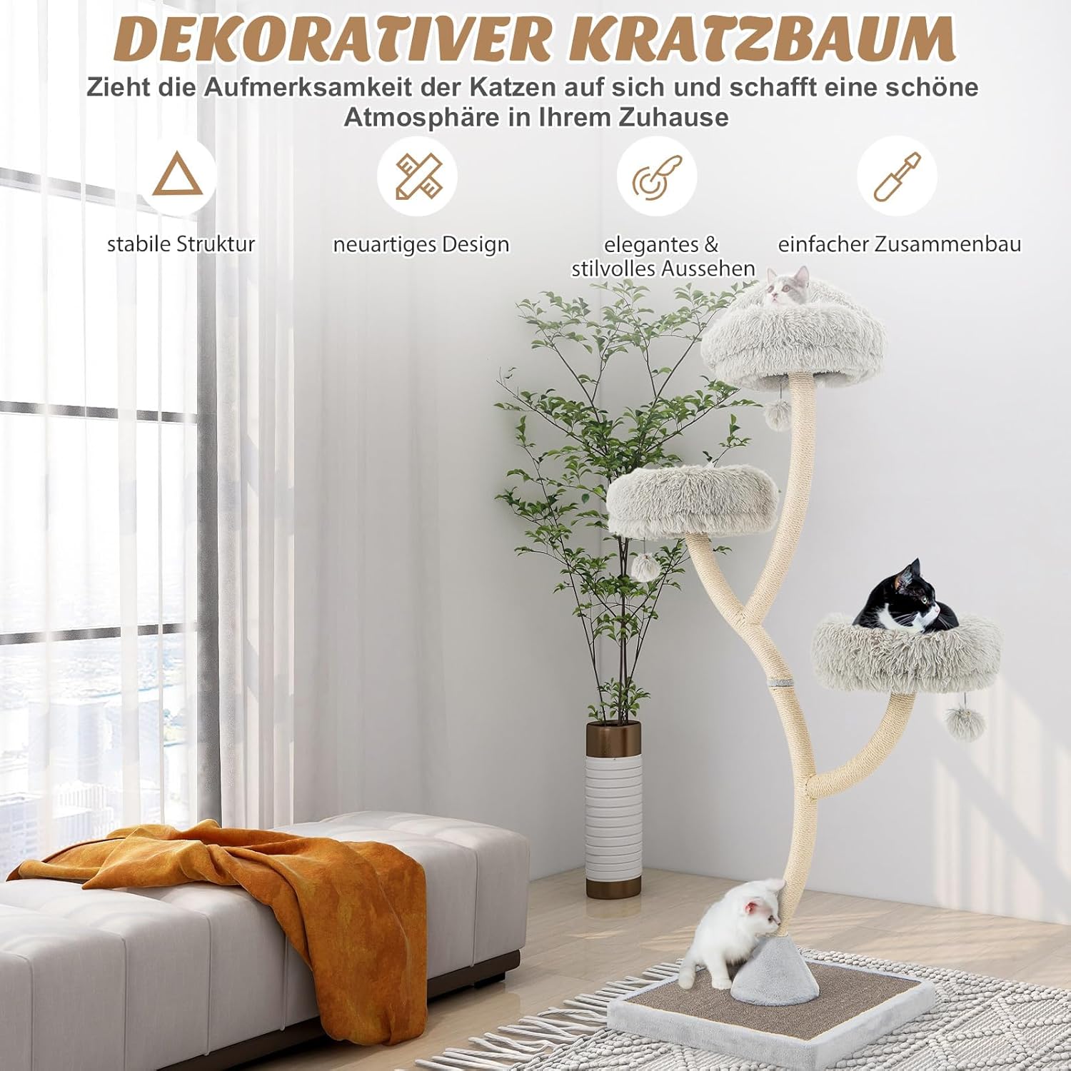 COSTWAY 178 cm Cat Tree in grey with three plush beds and sisal scratching posts.