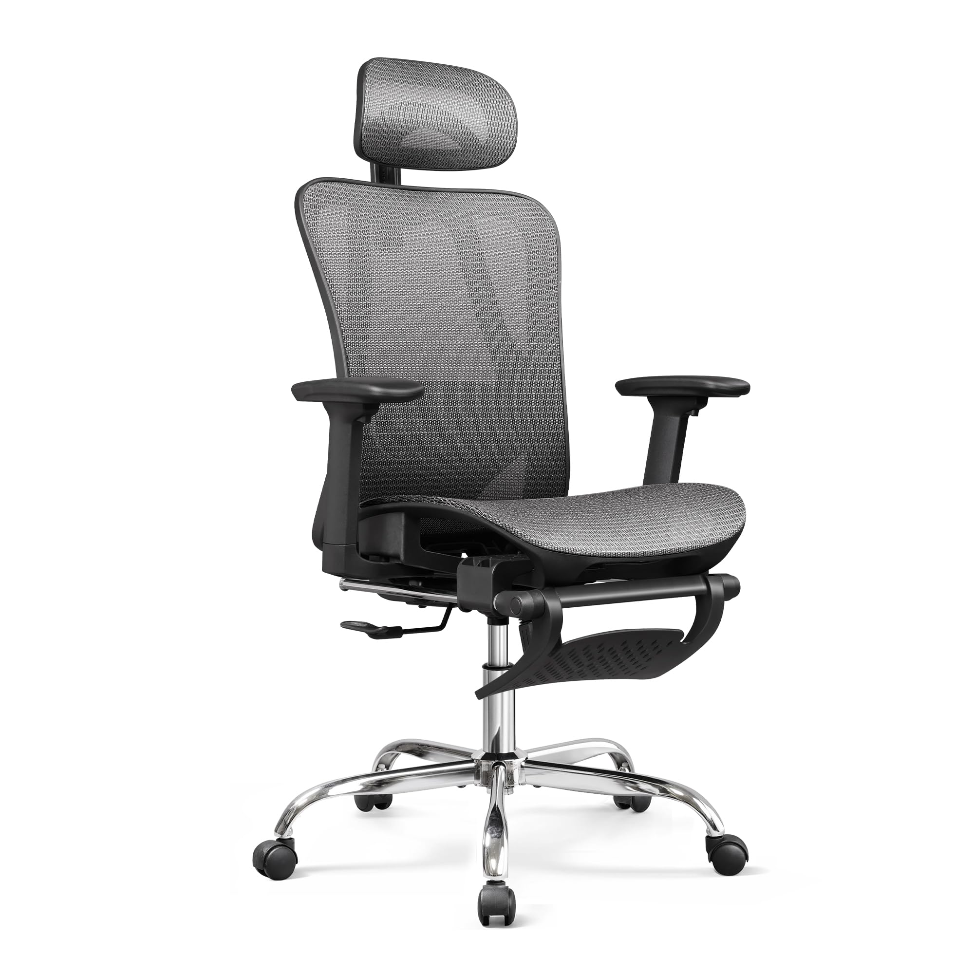 DEVAISE Ergonomic Mesh Office Desk Chair, Retractable Footrest and Adjustable Lumbar Support, Comfy High Back Reclining Computer Gaming Chair, Tilt Function, Heavy Duty, SGS Class 4 Gas Lift, Grey