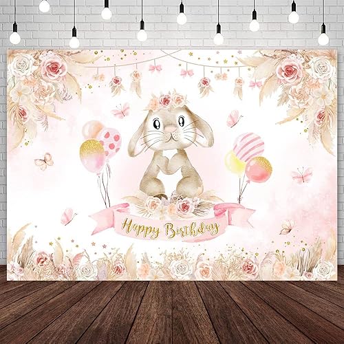 Telón de fondo de feliz cumpleaños de 7 x 5 pies para niñas, decoración de fiesta de cumpleaños de conejito bohemio, suministros de conejo,