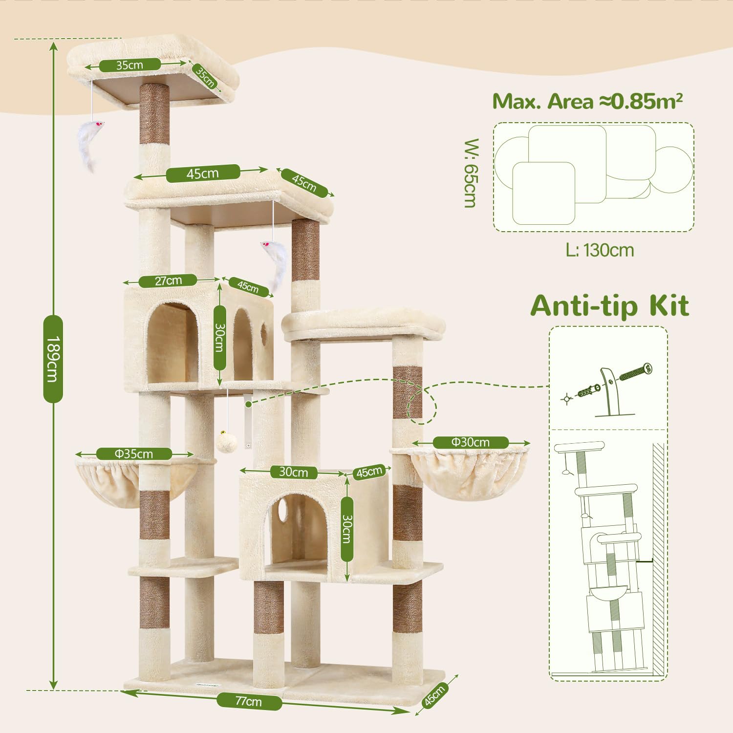Globlazer Arbre a Chat XXL Beige pour Gros Chat 189 cm avec 2 Grande Niches 45 * 30CM, 3 Plateforme Rembourrée, 2 Panier, Peluche Jouets, Arbres à Chats XXL pour Grande Chats Intérieur (F74F, Beige)