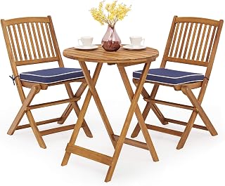 Tangkula 3 PCS Patio Folding Bistro Set, Outdoor Acacia Wood Chair and Table Set w/Padded Cushion& Round Coffee Table, Ideal for Indoor Patio Poolside Garden (Navy Blue)