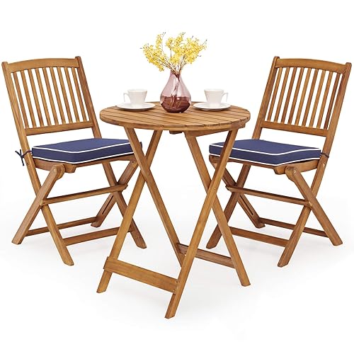 Tangkula 3 PCS Patio Folding Bistro Set, Outdoor Acacia Wood