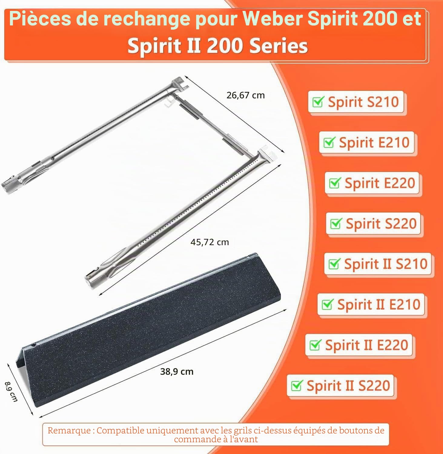 GFTIME Brûleur à gaz, acier inoxydable et plaque thermique en acier émaillé, déflecteur de chaleur de remplacement pour Weber Spirit I & II E210/220, S210, S220 (mit vorderen Brennerknöpfen)