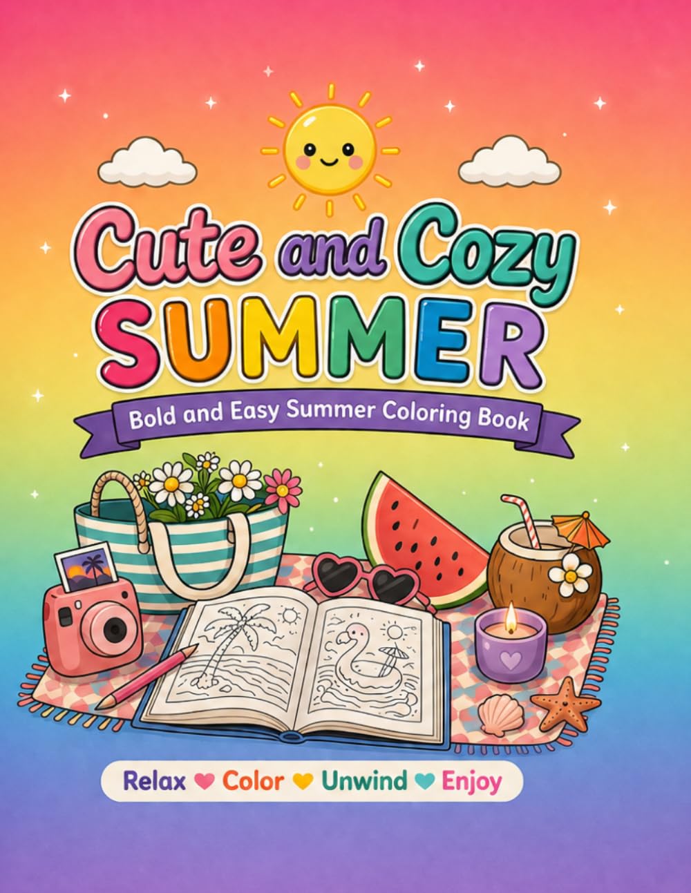Cute & Cozy Summer: Bold & Easy Coloring Book for Adults and Teens Featuring Cute Summer Scenes for Relaxation and Stress Relief