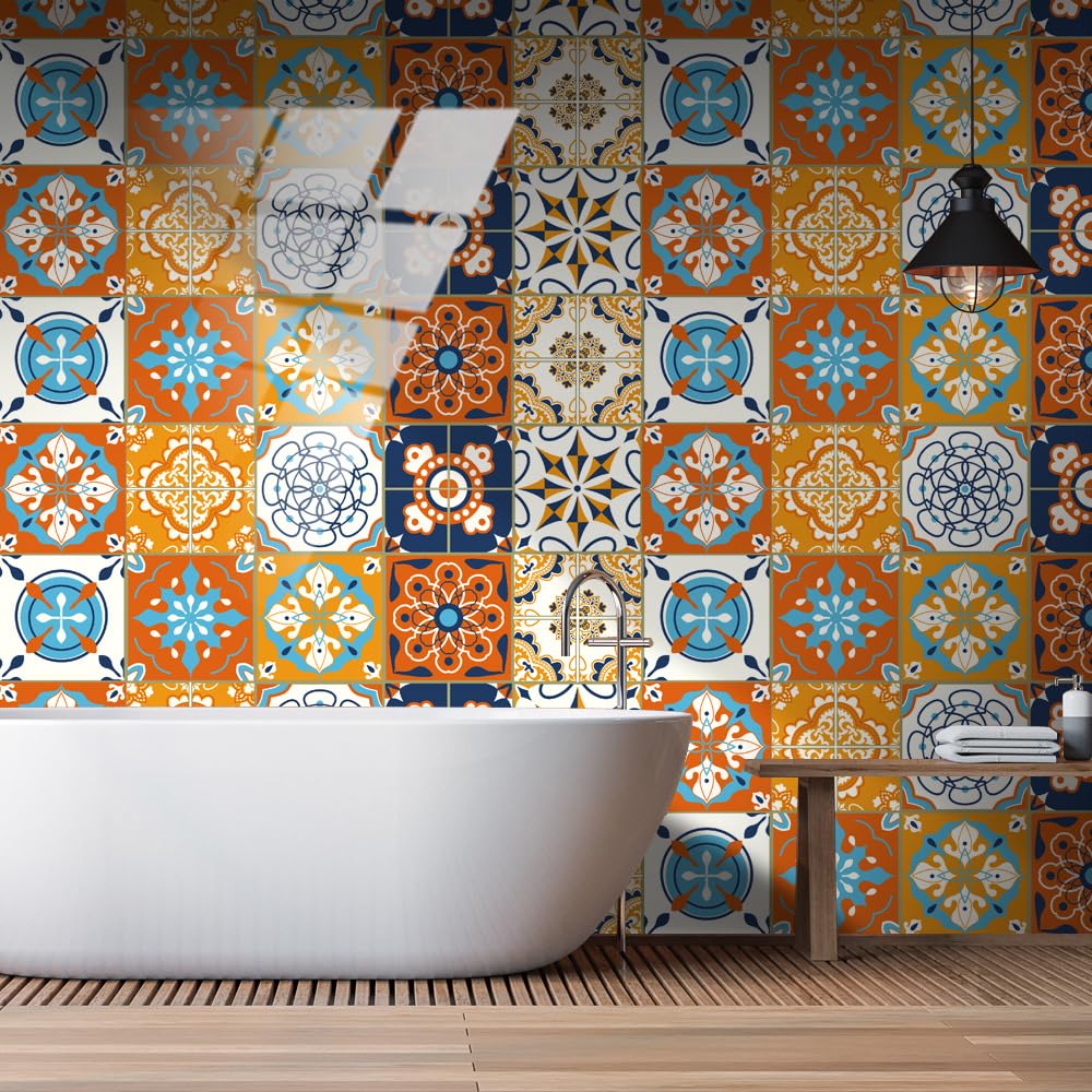 Moroccan Tile Stickers for Kitchen， Tile Stickers Orange Yellow Mandala Selfadhesive Waterproof 10x10/15x15/20x20 cm 10 Pcs(10 Pcs/10x10cm)
