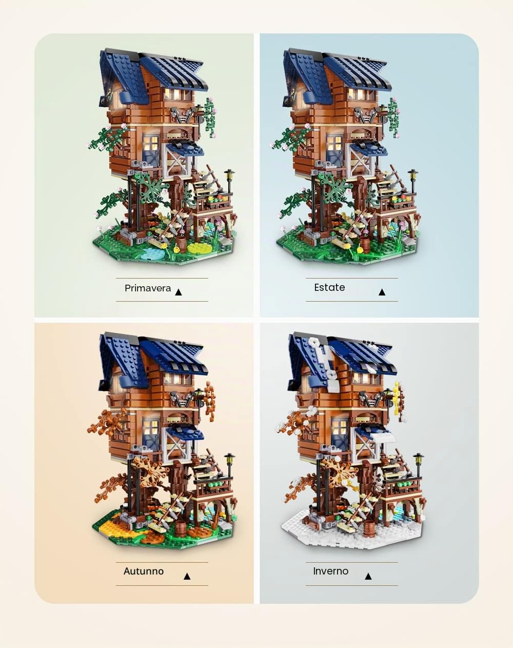 CaDA Four Seasons Story Tree House Set di Costruzioni, 1155 Pezzi, Casa sull'Albero con Tetto Blu, Dettagli Naturali e Accessori