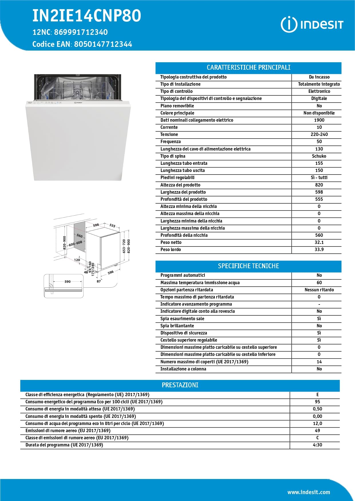 Indesit IN2IE14CNP80 Lavastoviglie A Scomparsa Totale, 60 Cm, 49 dBA, 14 Coperti, 5 Programmi, Lavaggio Fast&Clean 28 Minuti, Funzione Push&Go, Vasca In Acciaio Inox, Classe Energetica E