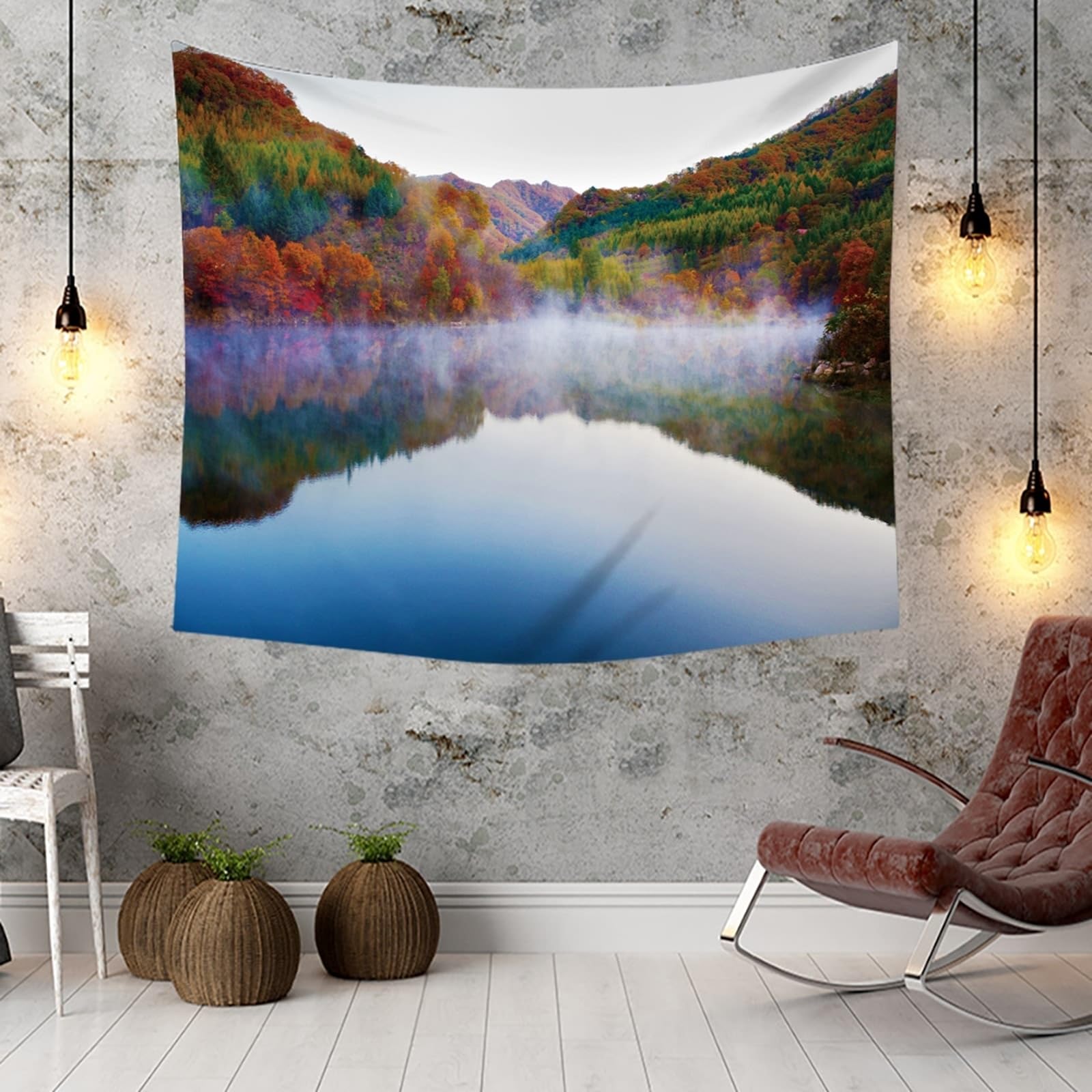 Tapiz de pared verde de poliéster, paisaje montañas, lago y árboles, 260 x 240 cm