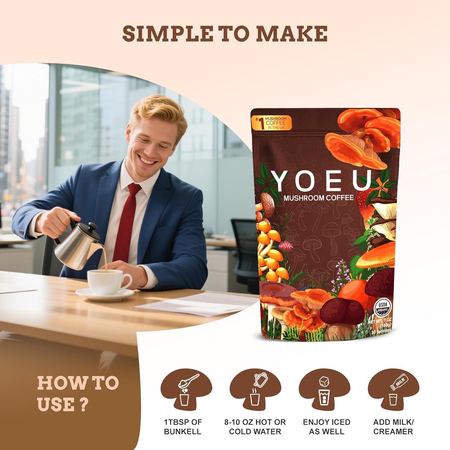 180g/5pack - Organic Instant Mushroom Coffee Powder with 6 Adaptogens - Lion's Mane, Reishi & Cordyceps Blend for Natural Energy, Mental Clarity, Gut Health & Immune Boost